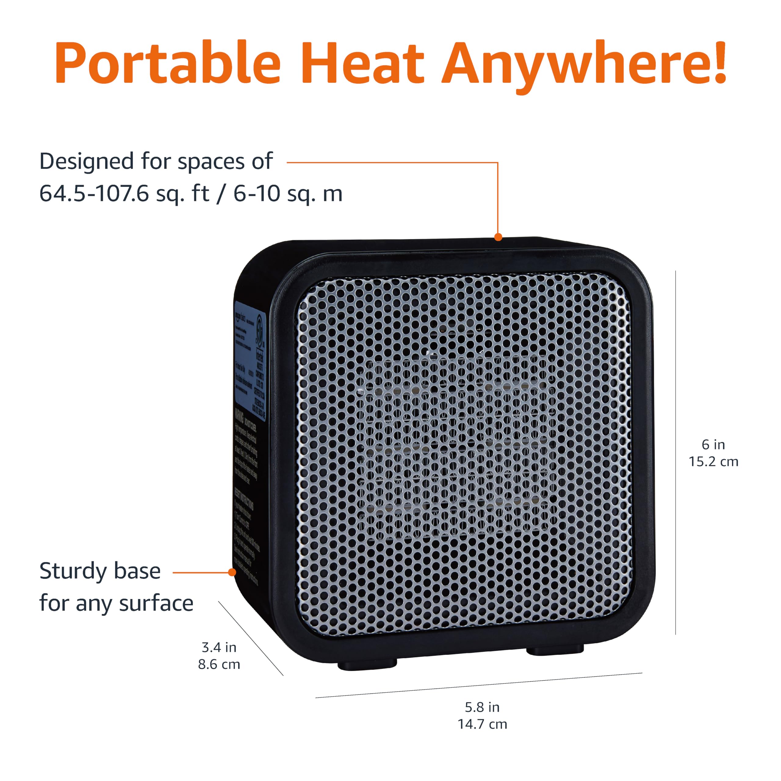 Amazon Basics Ceramic Space Heater, Mini Heater for Office Desk, Portable Tent Heater for Camping (Indoor Use), 500 W, With Tip-Over Protection, Lightweight (1.4 LBS), Black, 5.87”D x 3.15”W x 5.95”H