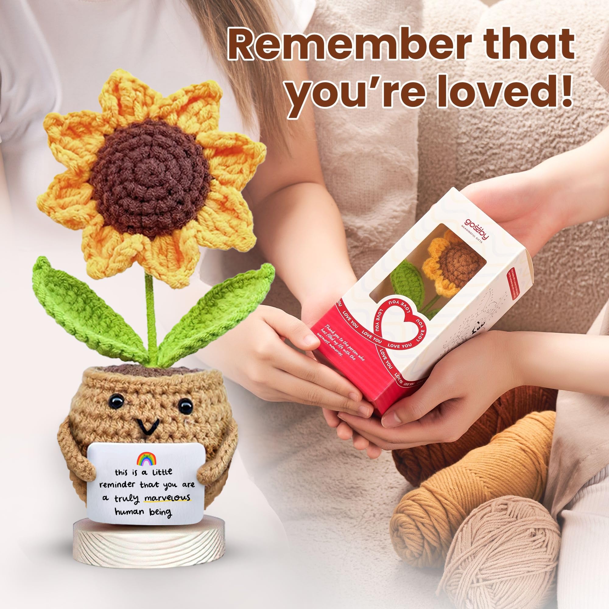 Gossby Positive Sunflower Doll Crochet with Card - This is A Little Reminder - Appreciation Gift for Coworker, Best Friend, Teacher, Sister, Mom - Christmas, Birthday, Thank You Gift for Women, Men