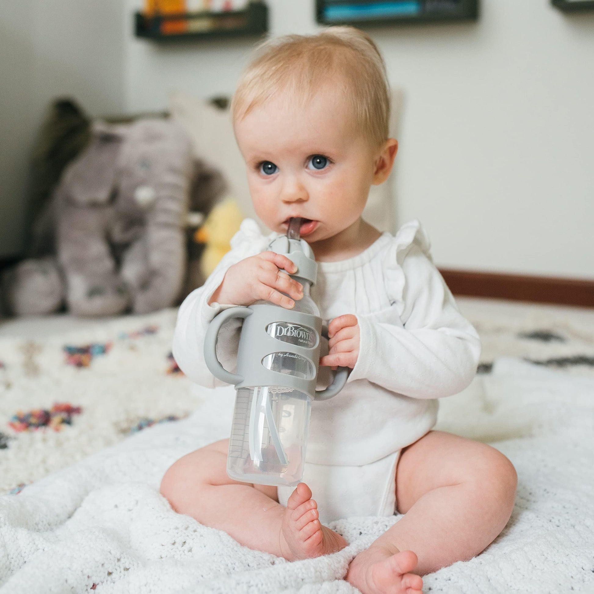 Dr. Brown's Milestones Narrow Sippy Straw Bottle, Spill-Proof with 100% Silicone Handles and Weighted Straw, 8 oz/250 mL, Gray & Blue, 6m+