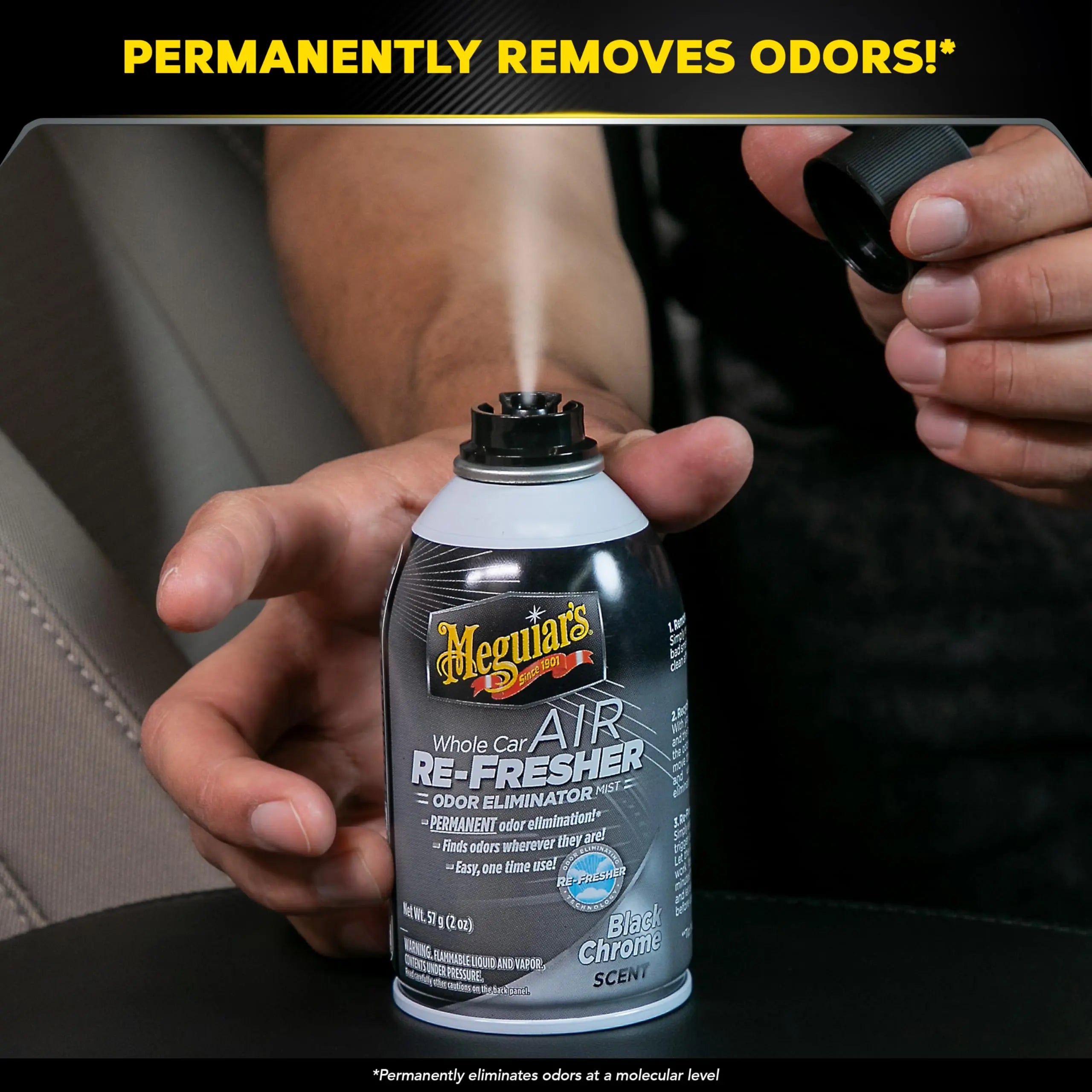 Meguiar's Whole Car Air Refresher, Car Odor Eliminator Spray Permanently Eliminates Unwanted Vehicle Odors Throughout Your Interior, Black Chrome Scent, 2 Oz Aerosol Canister