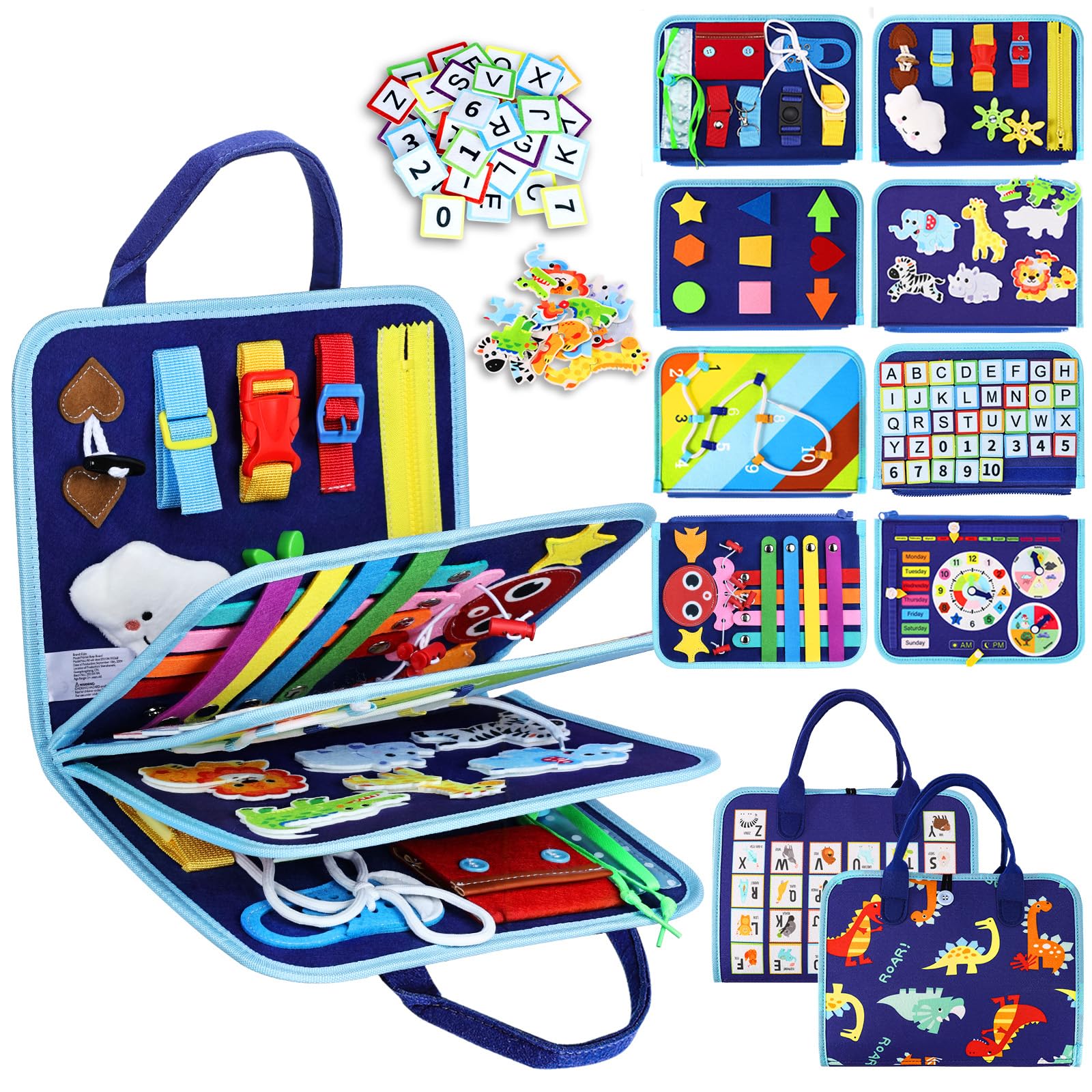 Esjay Kleinkind Montessori-Spielzeug Busy Board für Jungen, Sensorik Brett Lernspielzeug für Feinmotorik, Geburtstagsgeschenke für Jungen und Kleinkinder, Reisespielzeug für Flugzeug und Auto, Blauer Dinosaurier