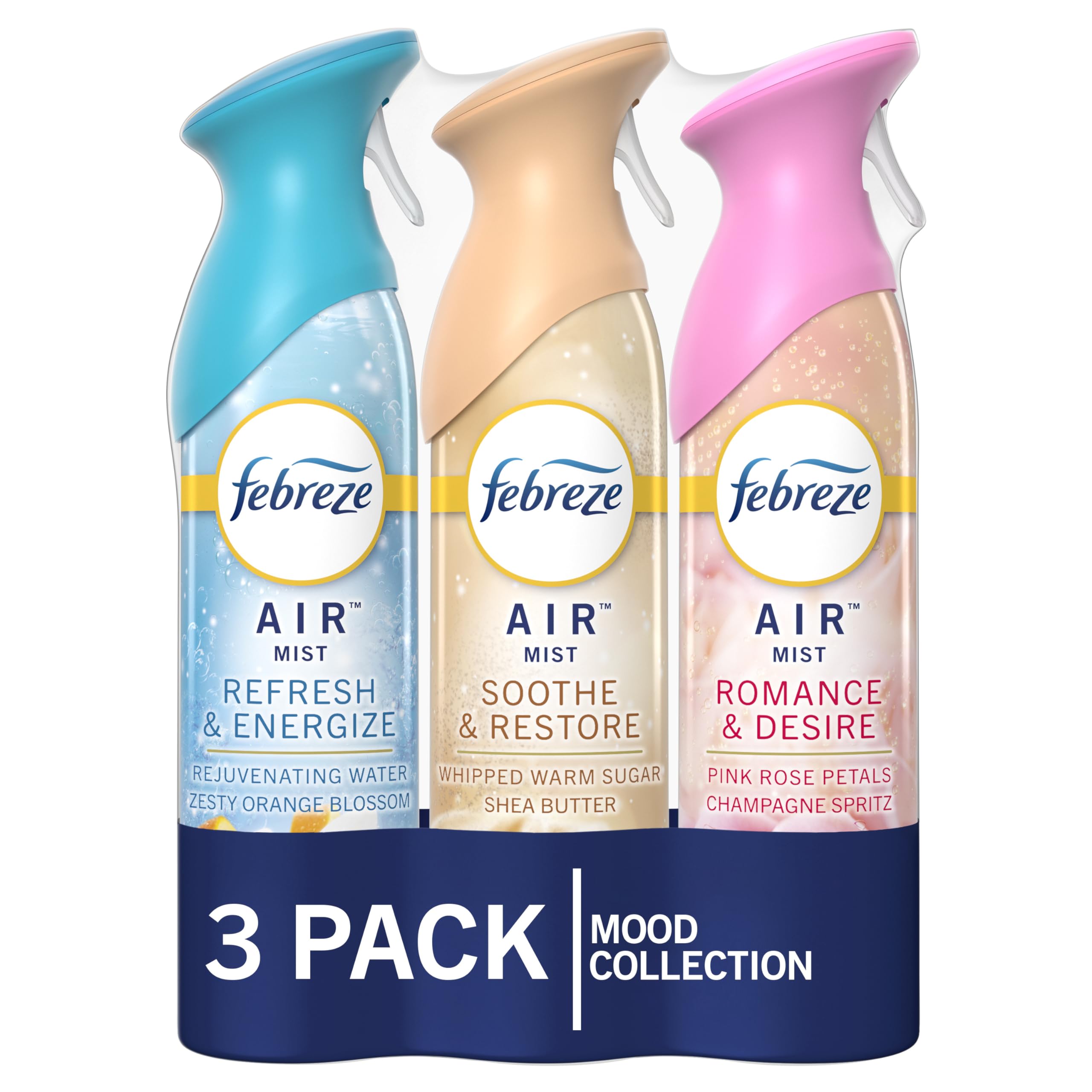Febreze Lufterfrischer Spray, Geruchsentfernendes Raumspray für Zuhause, Bad und Küche, Aerosoldose, Refresh & Energize, Soothe & Restore, Romance & Desire Duft, 249g, 3 Stück