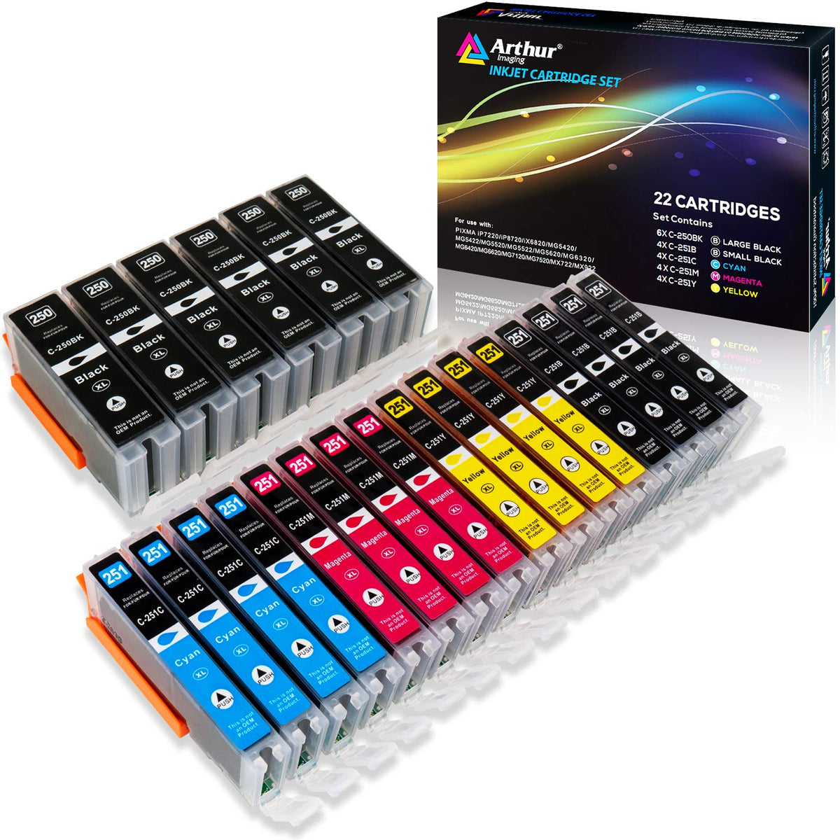 بديل خرطوشة الحبر المتوافقة مع آرثر إيمدج لكانون PGI-250XL CLI-251XL للاستخدام مع بيكسما MX922 MG5520 (6 أسود كبير، 4 أسود صغير، 4 سماوي، 4 أصفر، 4 أرجواني، 22 عبوة)