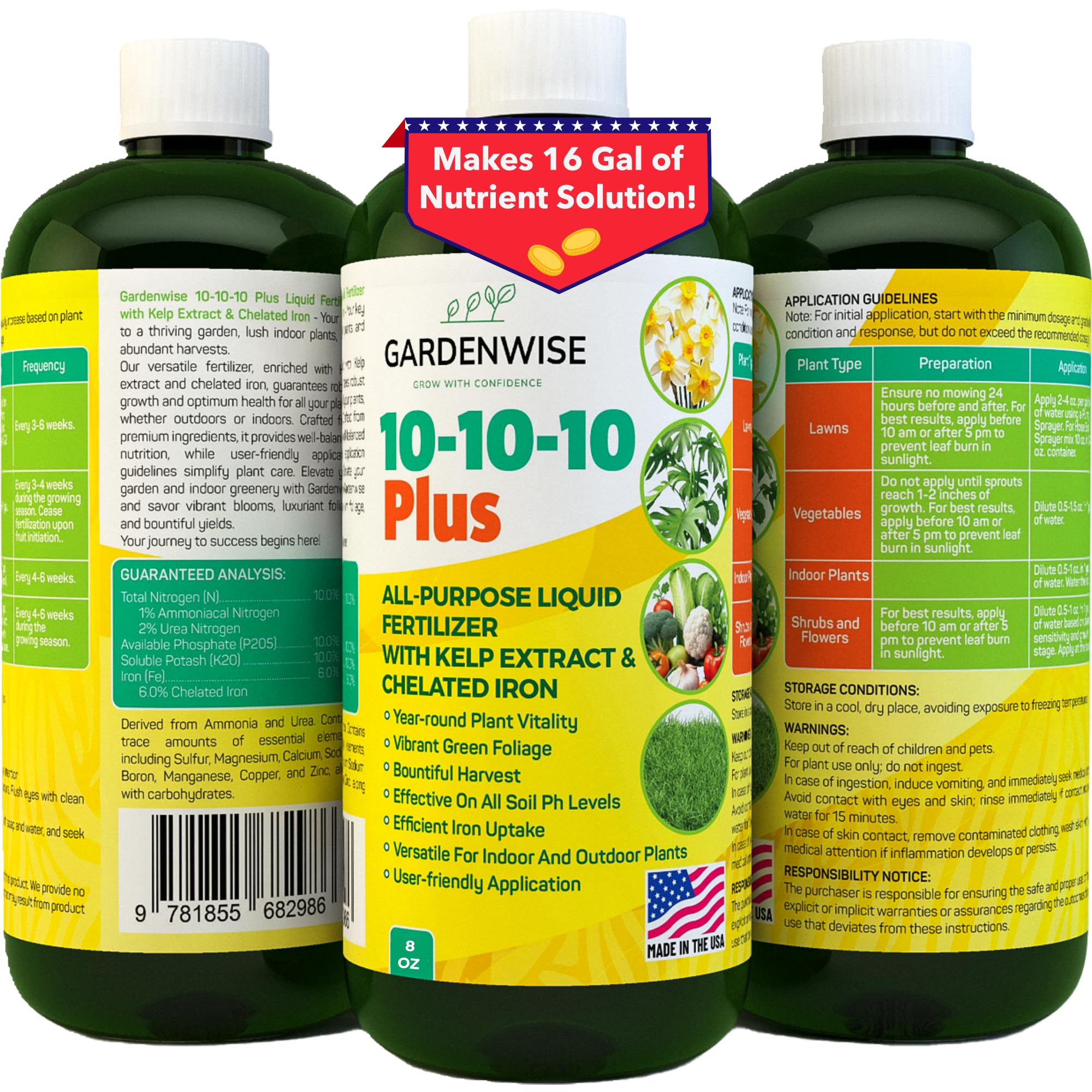 GARDENWISE 10-10-10 Allzweck-Pflanzennahrung – Flüssigdünger mit Seetang & Eisen – Pflanzenfutter für Innen- und Außenbereich, Gemüse, Blumen, Rasen & Garten 1x8oz