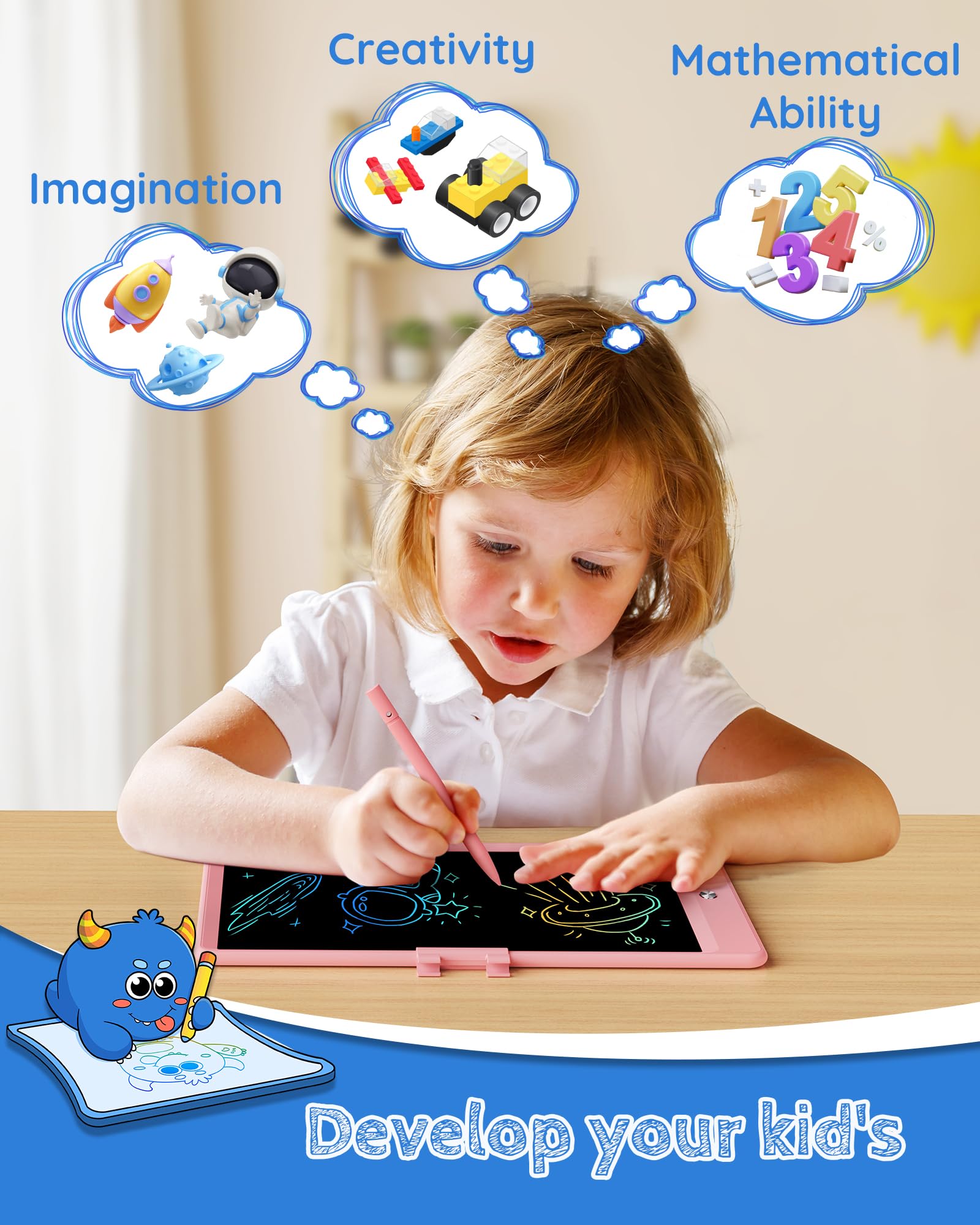 TEKFUN LCD Writing Tablet Doodle Board, 10inch Colorful Drawing Pad for Kids, Mess Free Coloring for Toddlers, Toys Gifts for 3 4 5 6 7 8 Year Old Girls Boys (Pink)