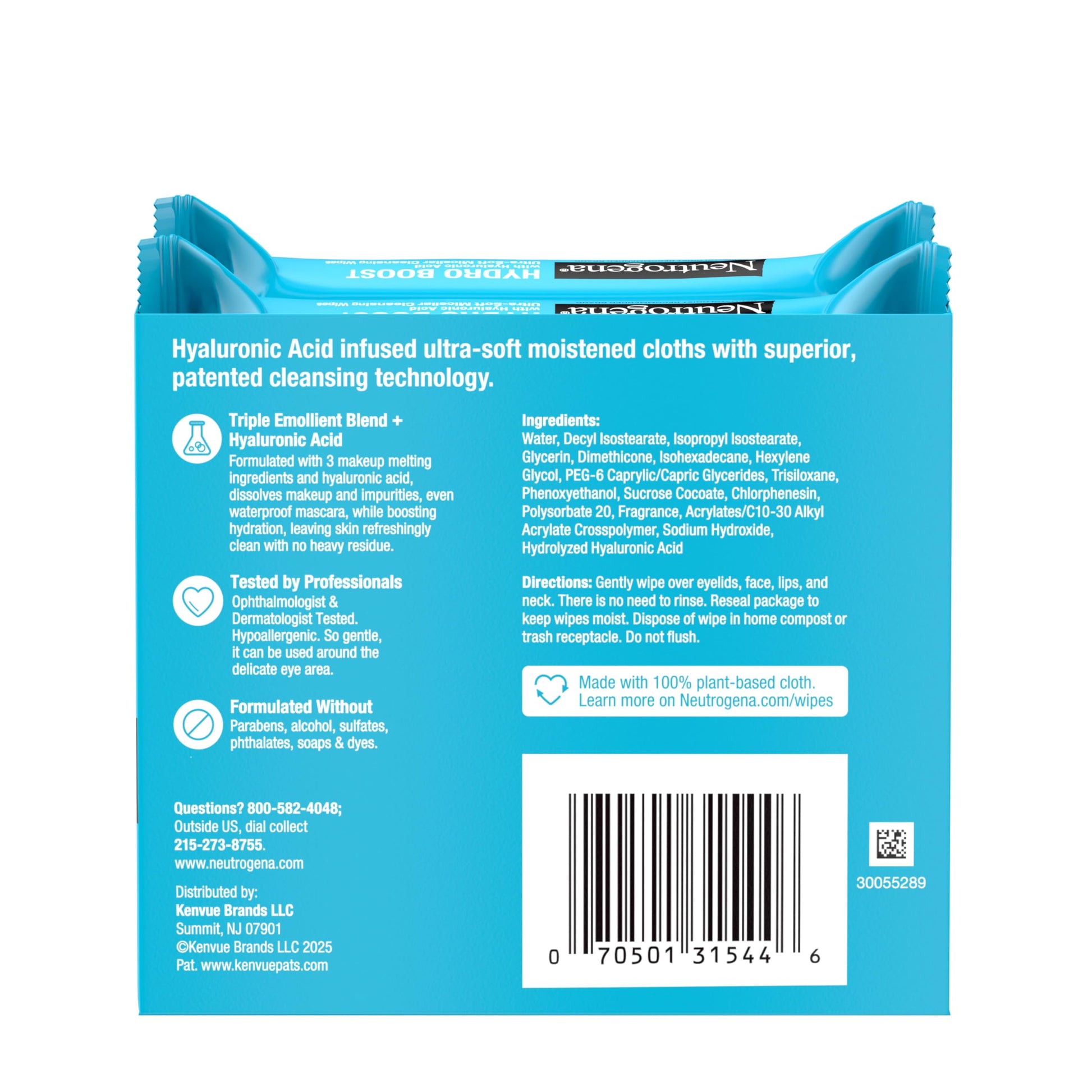 Neutrogena Hydro Boost Ultra-Soft Micellar Cleansing Wipes with Hyaluronic Acid, Hydrating Makeup Remover Wipes Remove Dirt & Waterproof Makeup, Hypoallergenic, Plant-Based Cloth, 2 x 25 ct