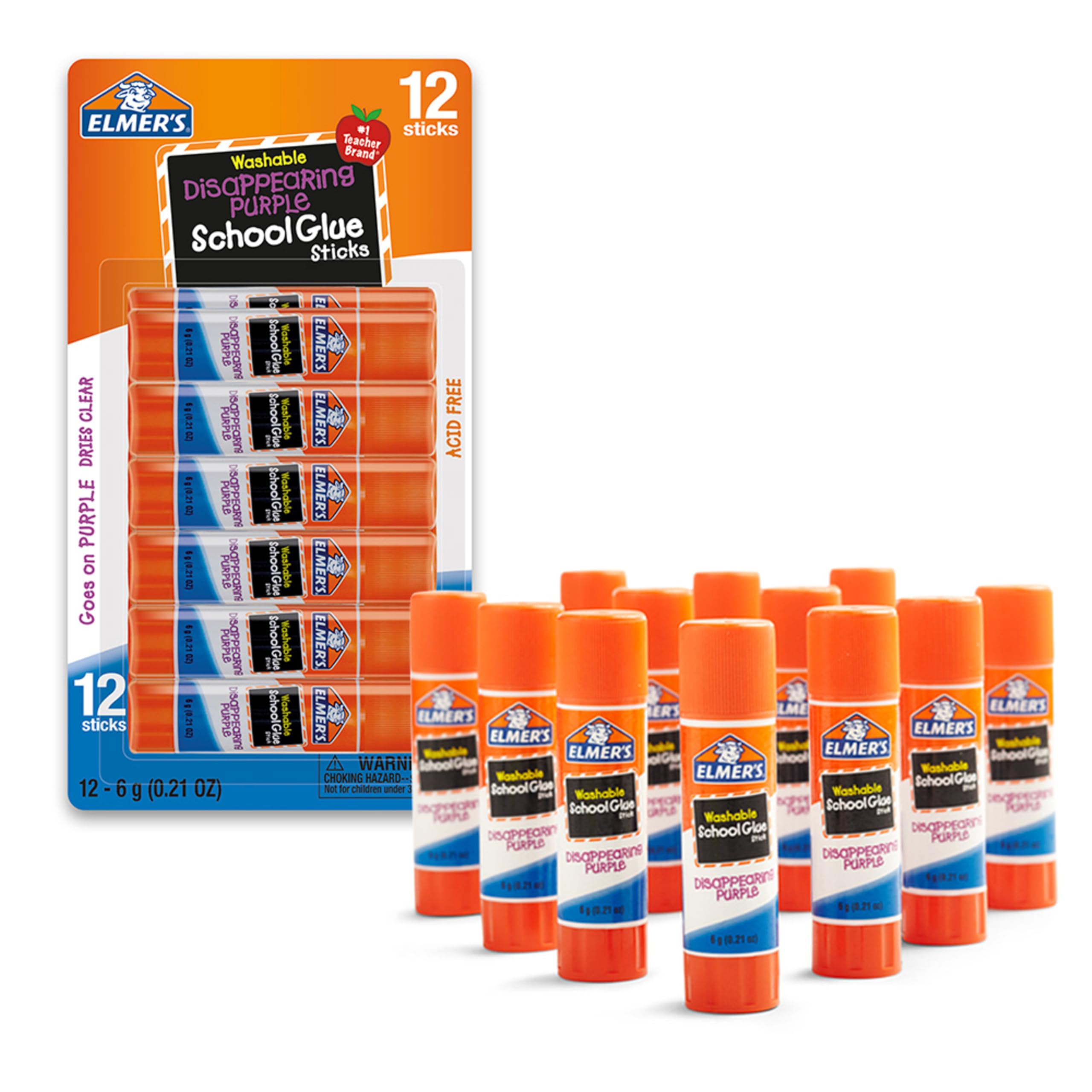 Elmer's Disappearing Purple School Glue Sticks, Washable, 6 Grams, 12 Count - Back to School, Teacher Supplies, #1 Teacher Brand