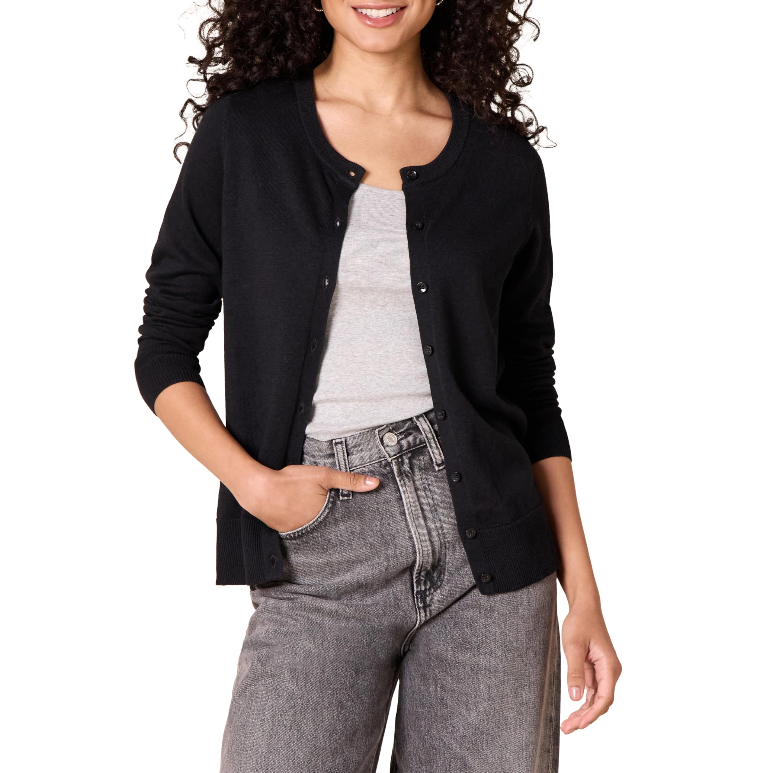Amazon Essentials Damen leichter Rundhals-Cardigan (auch in Übergröße erhältlich), Schwarz, Large