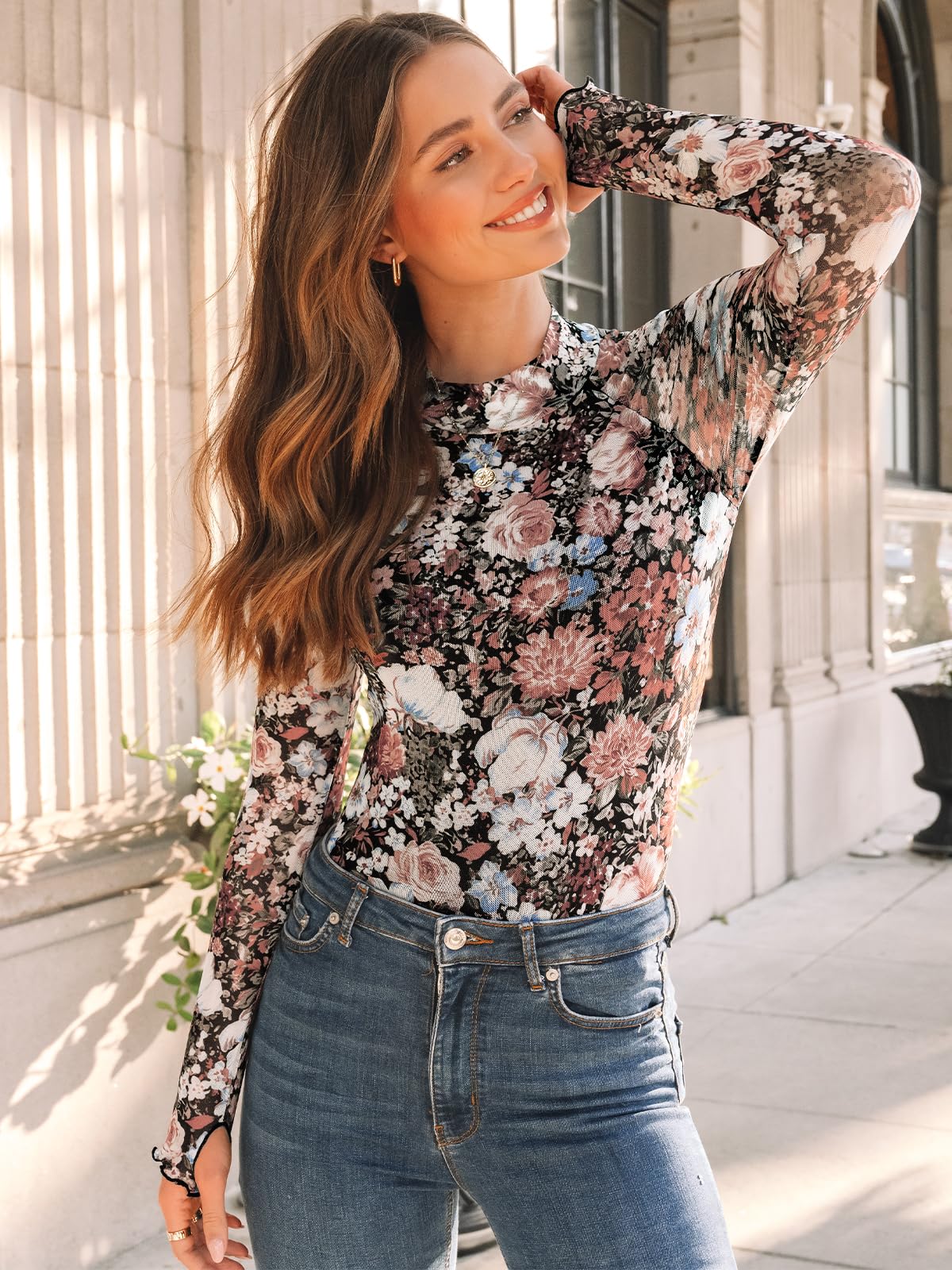 Dealmore Lace Long Sleeve Floral Mesh Mockneck Going Out Tops for Women Fashion Fall Outfits 2024 Floral Fierce M