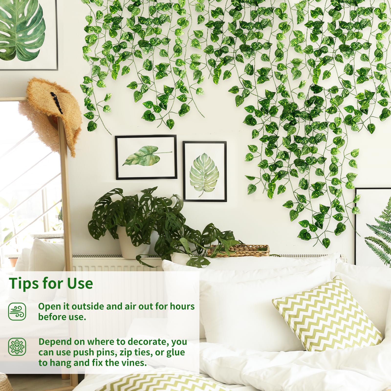 CEWOR 24 Pack 168ft Artificial Ivy Greenery Garland, Fake Vines Hanging Plants Backdrop for Room Bedroom Wall Decor, Green Leaves for Jungle Theme Party Wedding Decoration