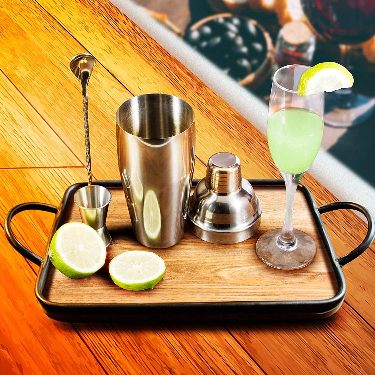 WPHUAW 24oz Cocktail Shaker Bar Set-Professional Margarita Mixer Drink Shaker and Measuring Jigger & Mixing Spoon Set-Professional Stainless Steel Bar Tools Built-in Bartender Strainer for Martini Kit