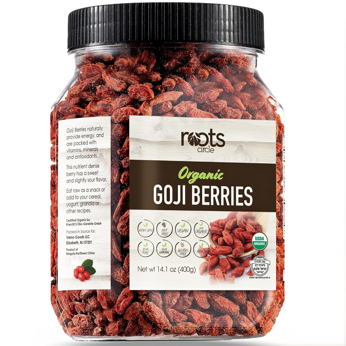 Roots Circle USDA Bio-Trocken-Goji-Beeren 400g Glas 1 Packung | Großpackung Goji-Beeren Superfood | Natürlich reich an Antioxidantien zur Unterstützung einer gesunden Haut | Roh, natürlich, vegan, gentechnikfrei, koscher
