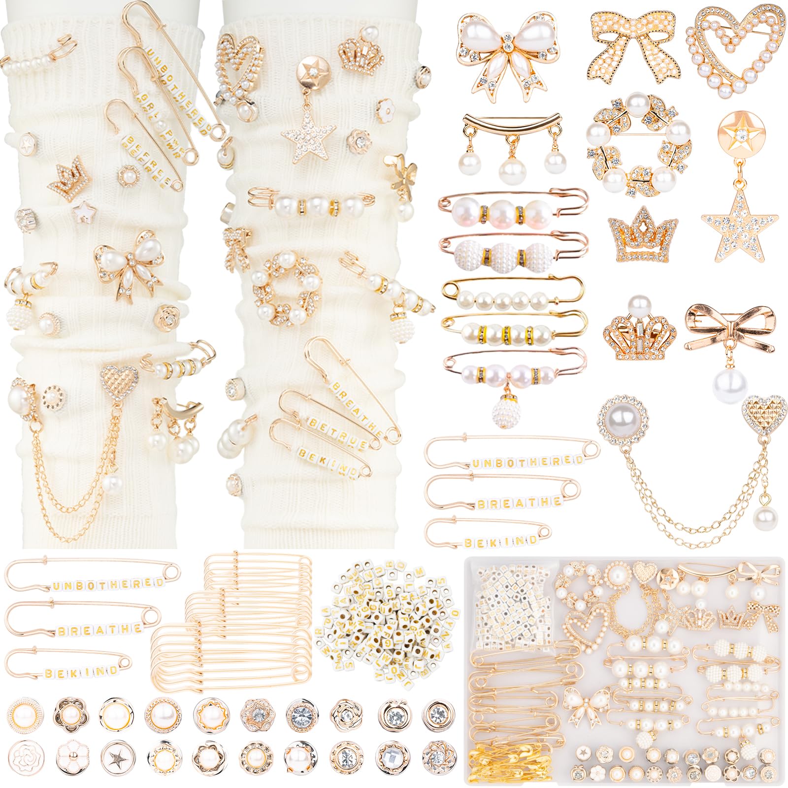 DoDoBeads 335-teiliges Junk Socks Charms Kit mit Buchstabenperlen, Gold-Anhänger für Socken und Sneaker, Broschen und Anstecknadeln für Damen, Charms für Sockensicherheitsnadeln, Junk Charm mit Perle, Strass,
