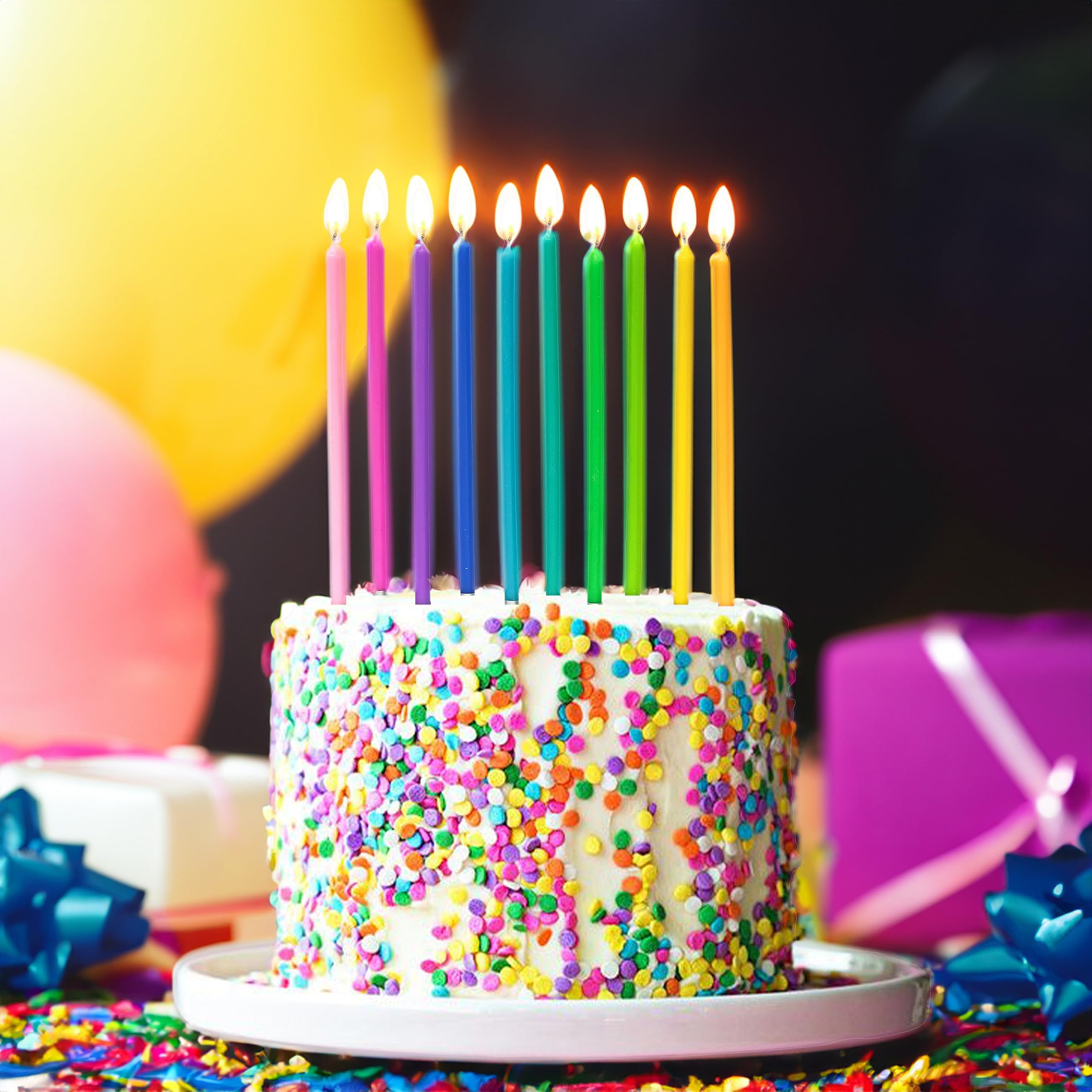 Apluselection 40-Count Rainbow Birthday Candles, Tall Thin Birthday Cake Candles Set, Rainbow Cupcake/Cake Decorations
