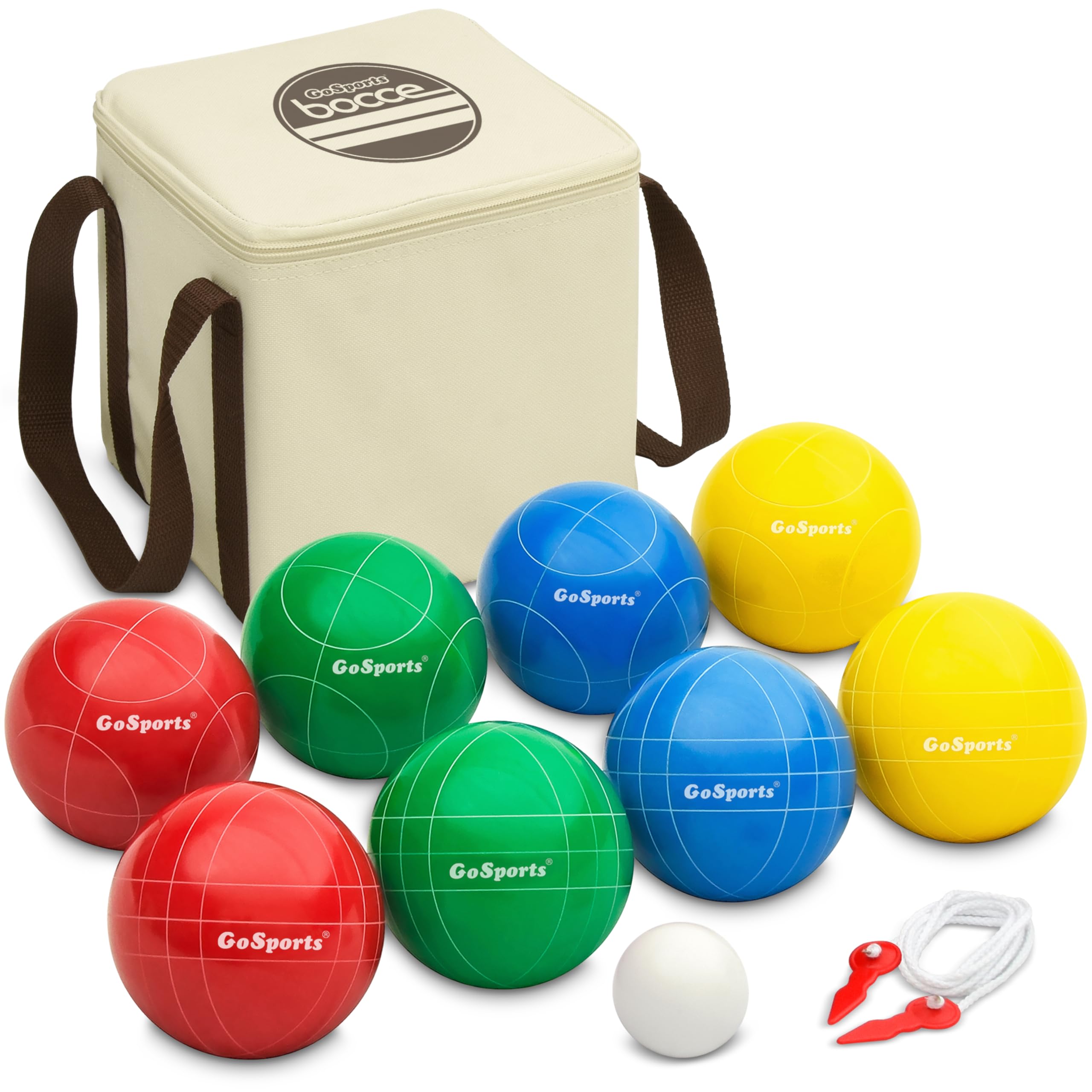 GoSports 90 mm Boccia-Set für den Garten mit 8 Kugeln, Pallino, Tragetasche und Messseil – Hergestellt aus Premium-Harz