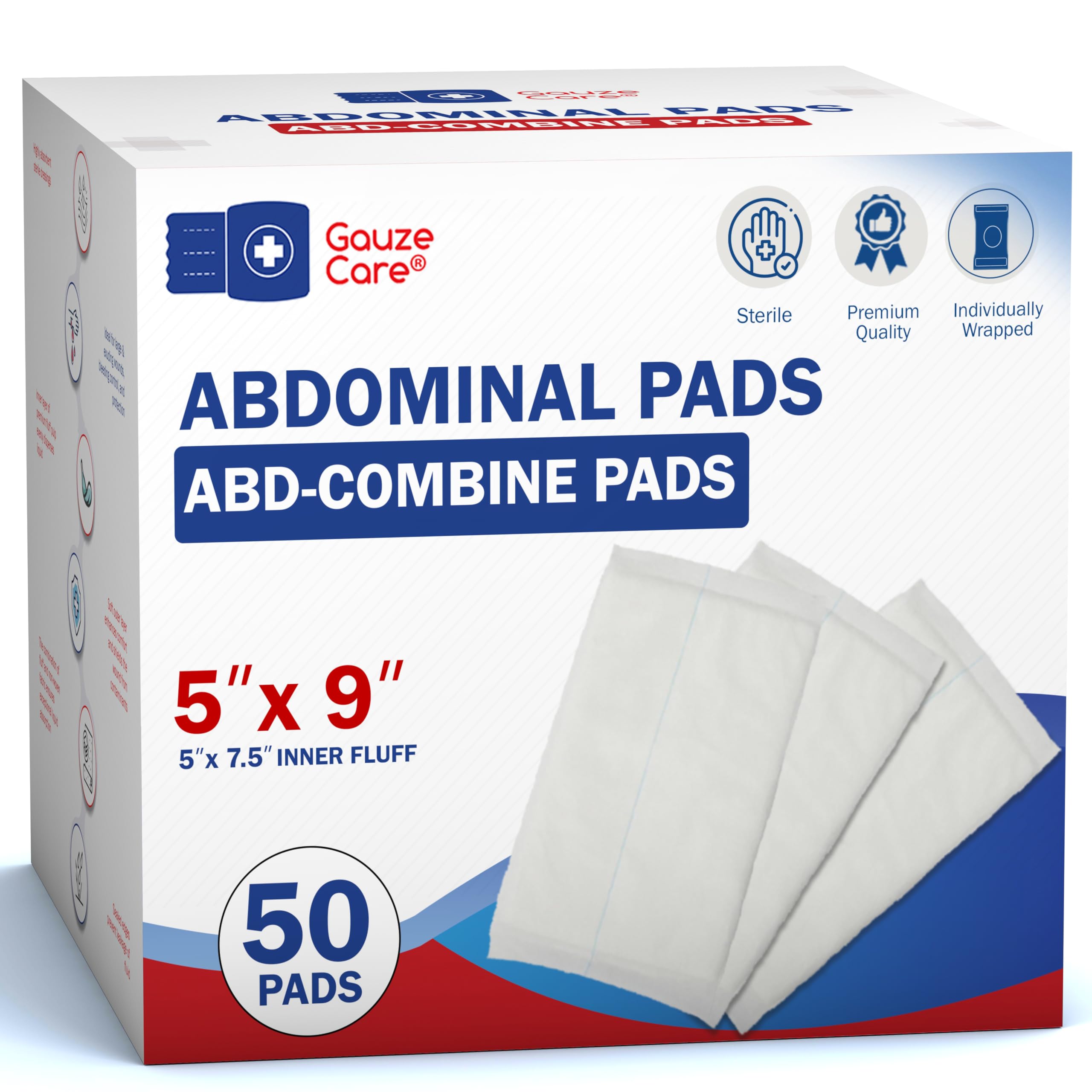 GauzeCare Sterile Abdominal- (ABD) Saugkompressen| 50 Stück, 12,7 x 22,9 cm| besonders saugfähig & dick, einzeln verpackte Wundauflagen, Erste-Hilfe-Pads| chirurgische Qualität, nicht haftend – für starke Sekretion, postoperativ