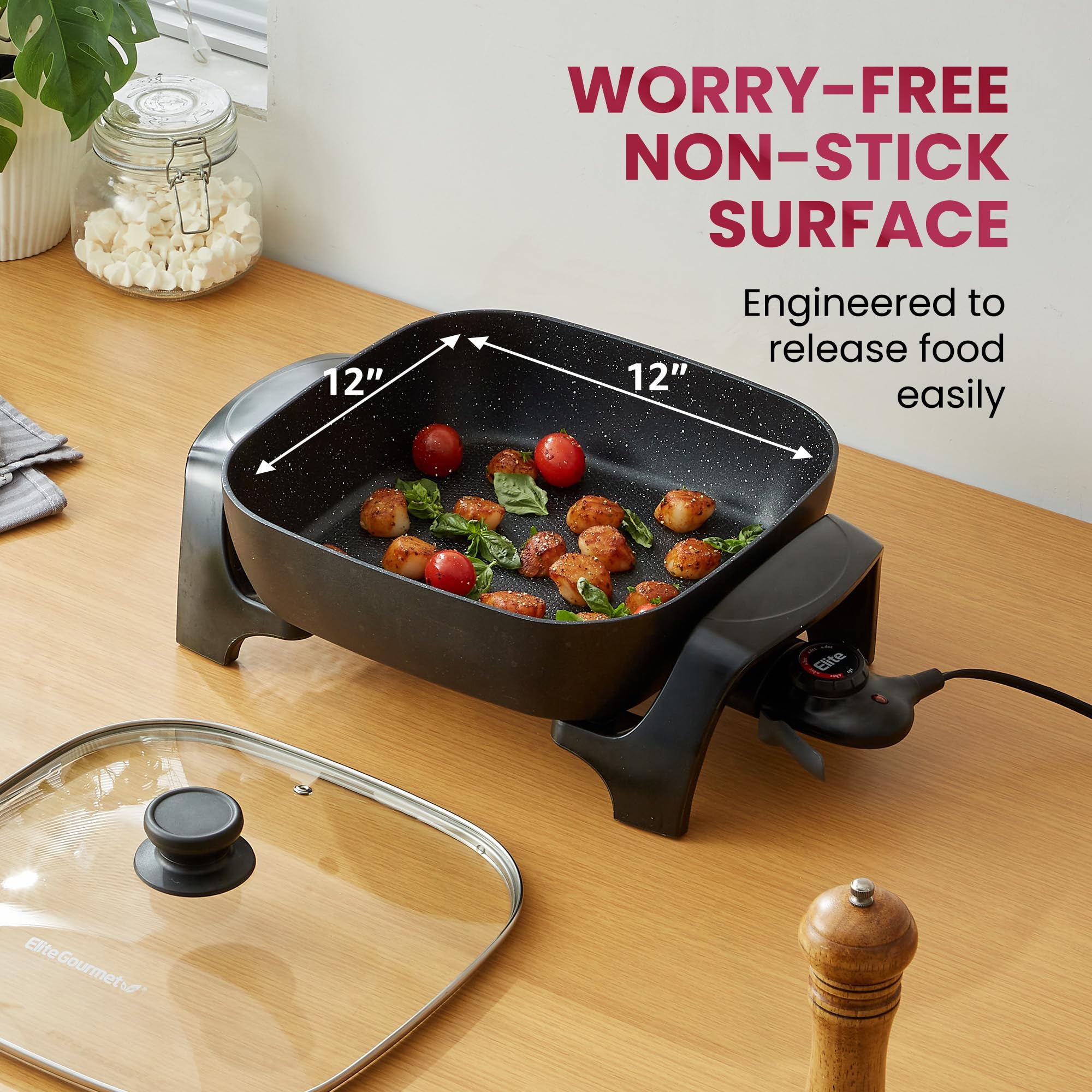 Elite Gourmet EG6201 Extra Deep 12"x12"x3.2" (7.5Qt.) Scratch Resistant Dishwasher Safe, Non-stick Electric Skillet with Glass Vented Lid, Adjustable Temperature, Black