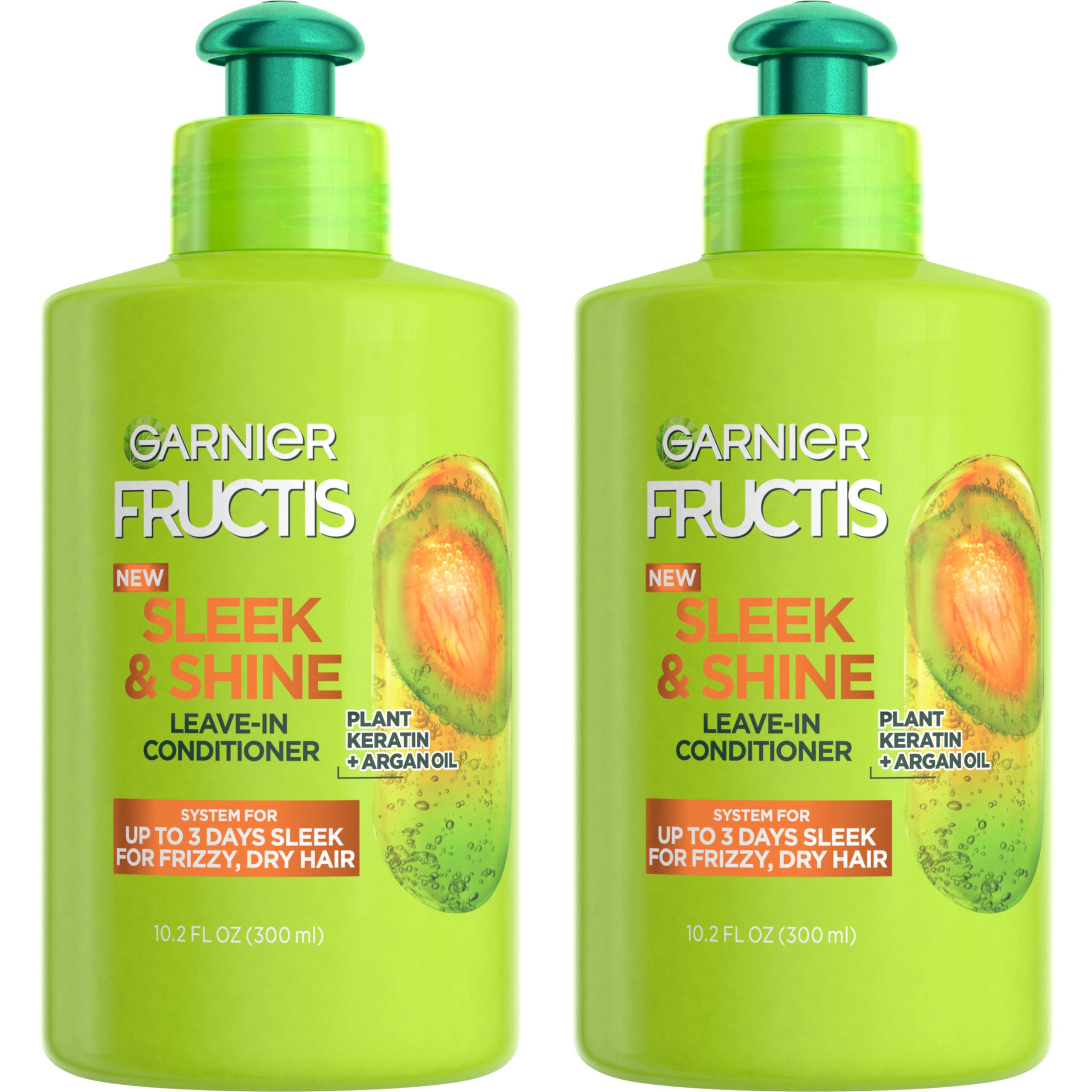 Garnier Fructis Sleek & Shine Leave-In-Pflegecreme für krauses, trockenes Haar, pflanzliches Keratin + Arganöl, 300 ml, 2er-Pack (Verpackung kann variieren)