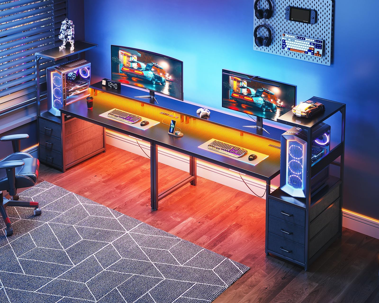 AODK 59 Inch Gaming Desk with USB Charging Ports & LED Light- Reversible Computer Desk with Storage Shelves & Monitor Stand, Modern Gamer Desk Table with Fabric Drawers & Side Hook, Carbon Fiber Black