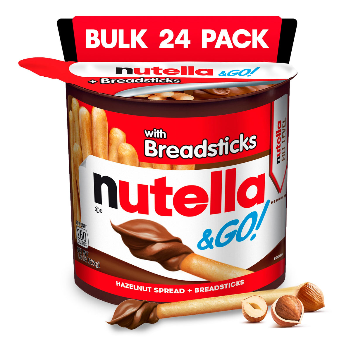 Nutella & GO! Großpackung mit 24 Stück, Haselnuss-Kakao-Aufstrich mit Brotstangen, Nikolausstrümpfe, Snack-Becher, je 51 g