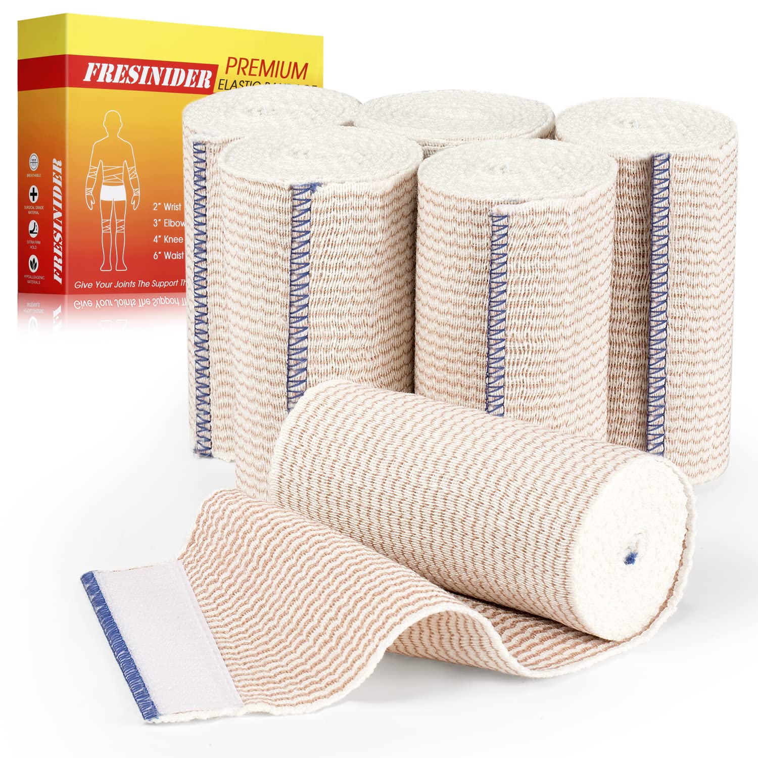 FRESINIDER Premium Elastik-Verband, 6er-Pack 10 cm Baumwoll-Latex-freier Kompressionsverband mit Klettverschluss an beiden Enden, Unterstützung und Erste Hilfe für Sport, Medizin und Genesung nach Verletzungen