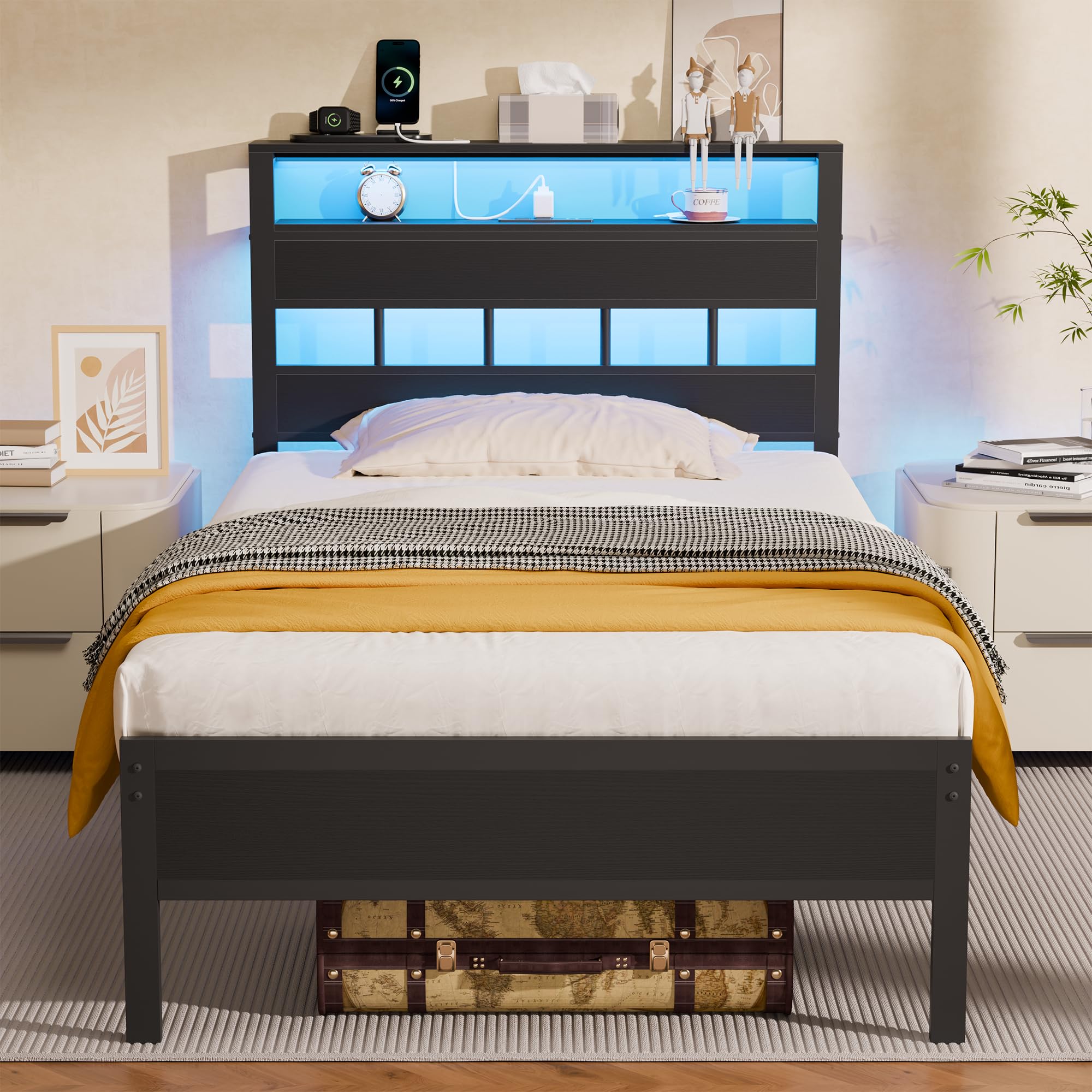 Furnulem Einzelbettgestelle mit Ladestation und LED-Beleuchtung, Plattformbett in Einzelbettgröße mit Metalllatten, Holzkopfteil mit 2-stöckigen Ablagefächern, kein Boxspring erforderlich, Schwarz Eiche