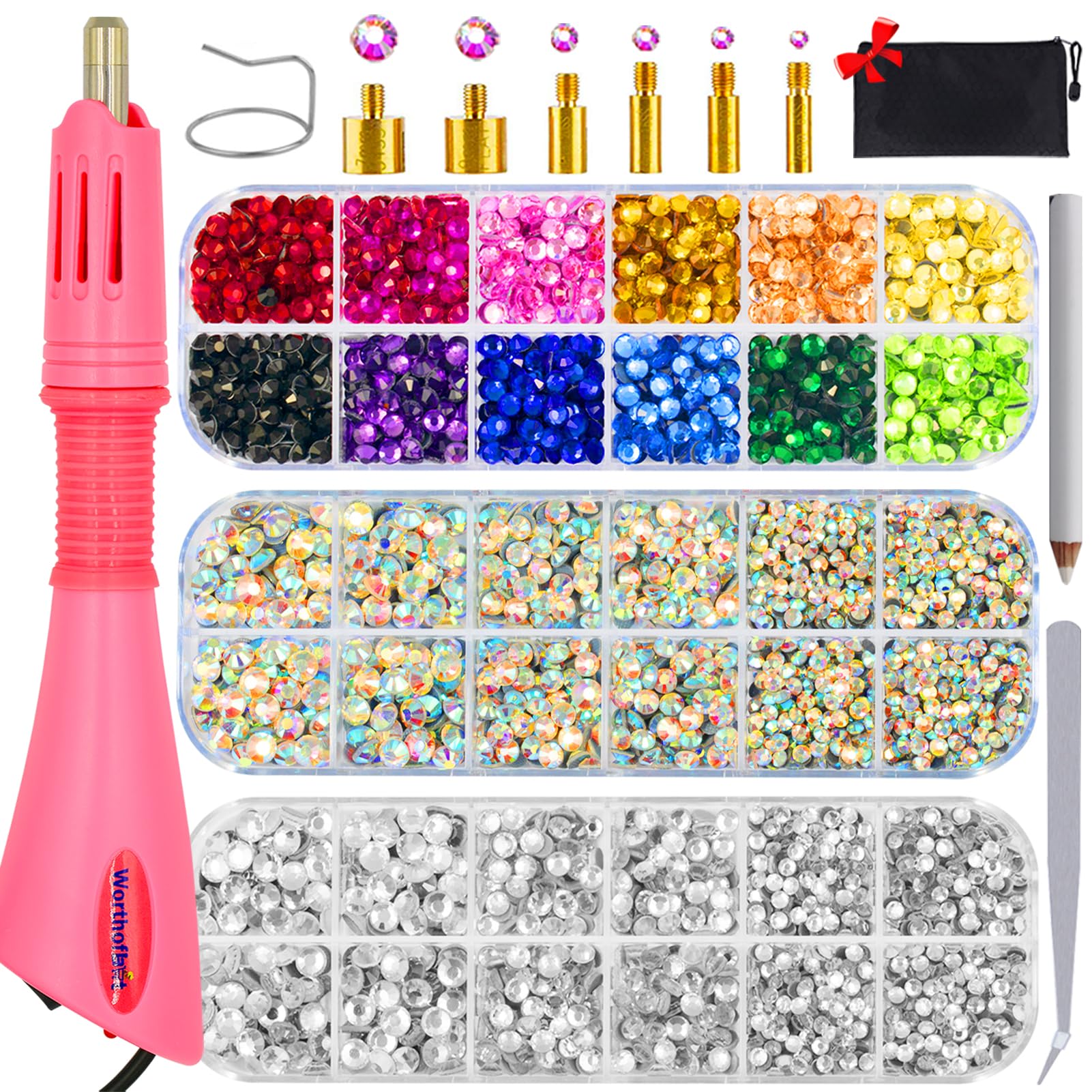 Worthofbest Hotfix Strassapplikator, Heißfixier-Applikatorwerkzeug Bedazzler-Set mit Strasssteinen, Kit, Heißfixierstab für Kleidung, Stoffhandwerk, 5000 Stück, AB-Kristall, Transparent, 3 Edelsteingrößen, Spitzen