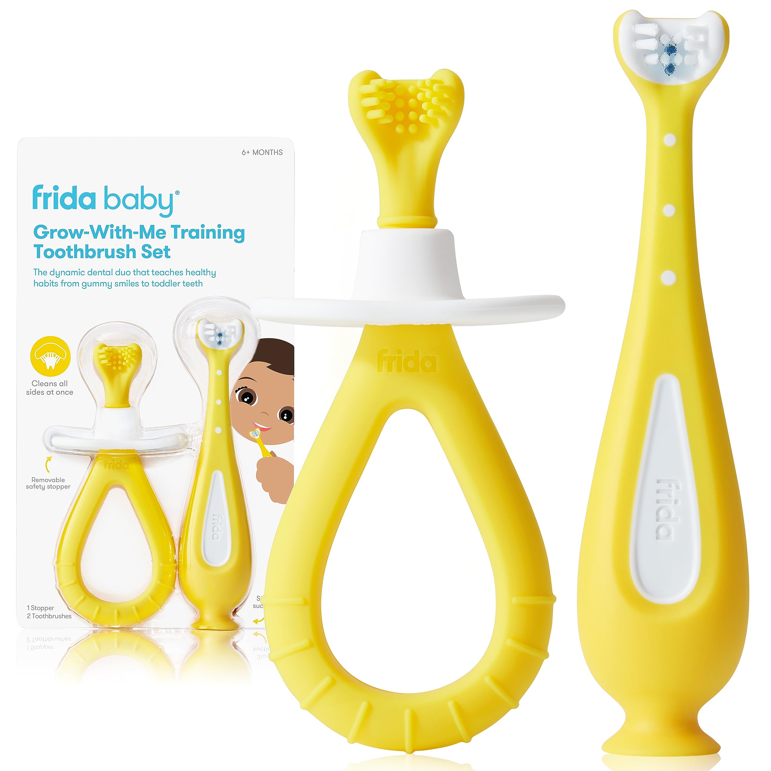 Frida Baby Grow-with-Me Baby-Zahnbürsten-Trainingsset | Säuglings- bis Kleinkindzahnbürste 0–12 Monate, reinigt alle Seiten auf einmal, Mundpflege für empfindliches Zahnfleisch | Gelb