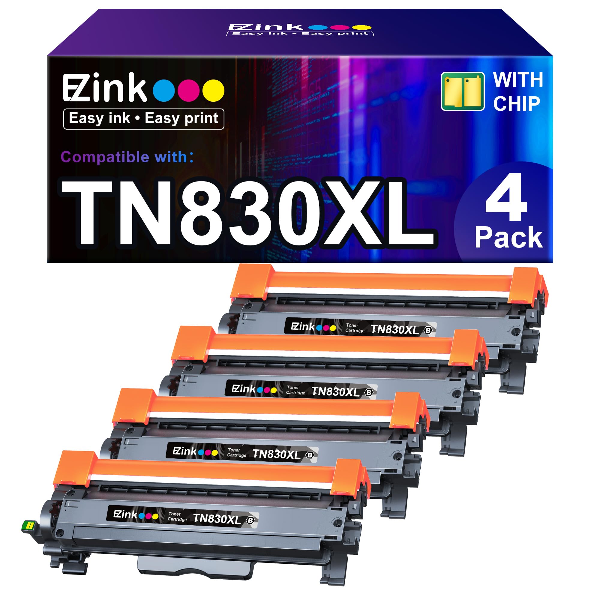 E-Z Ink Compatible Toner Cartridge بديل خراطيش الحبر Brother TN830XL TN 830 TN830 لطابعة HL-L2460DW DCP-L2640DW HL-L2480DW HL-L2400D HL-L2405W MFC-L2820DW (4 أسود)