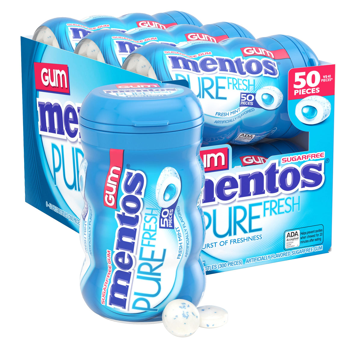 Mentos Pure Fresh Zuckerfreier Kaugummi mit Xylit, Fresh Mint, 50 Stück Flasche (Großpackung mit 6)