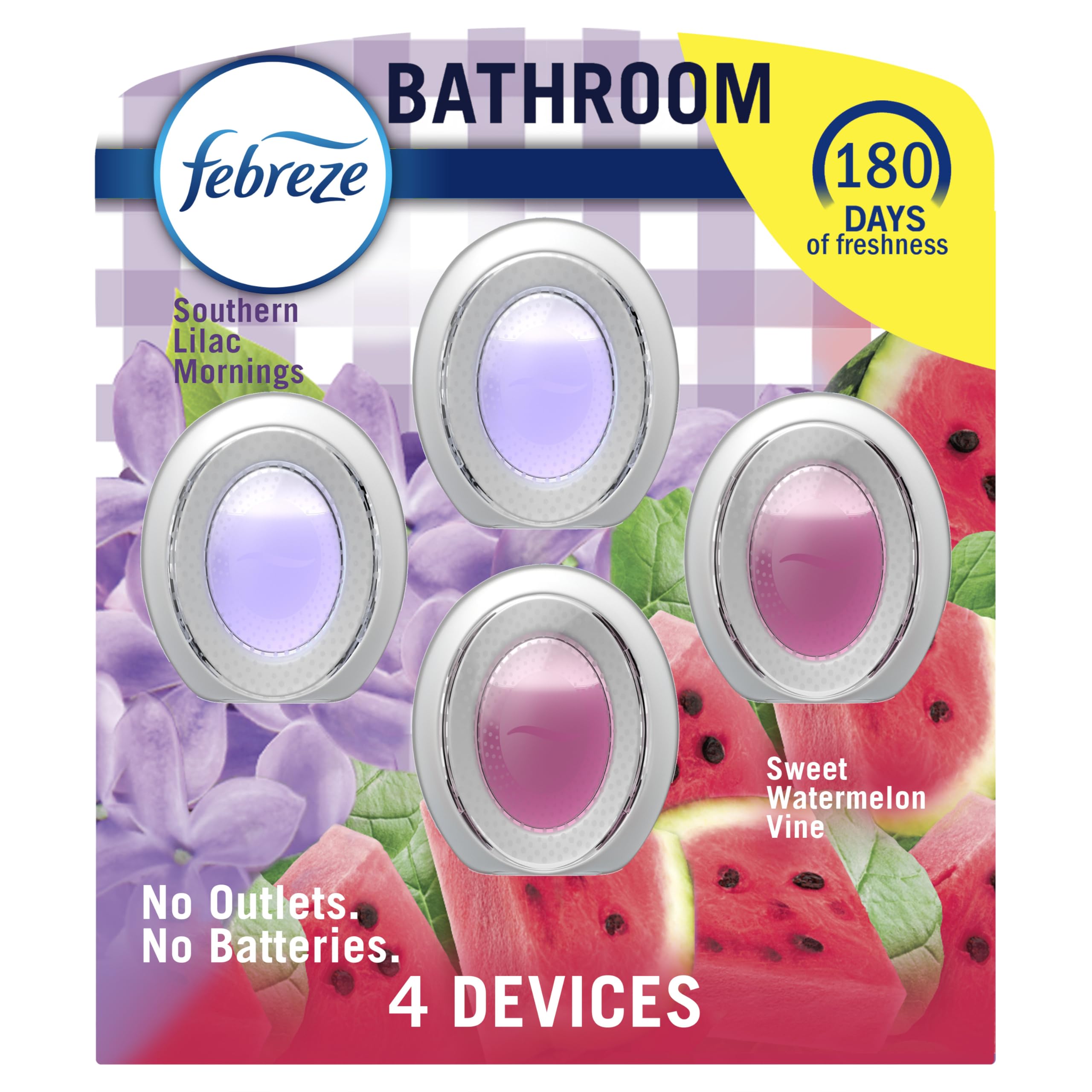 Febreze Bad Lufterfrischer, Geruchsbekämpfend, Stecker-Alternative, Lufterfrischer für Zuhause, Bad und Küche, Schrank-Lufterfrischer, Wassermelone & Lilie Duft, 4 Stück