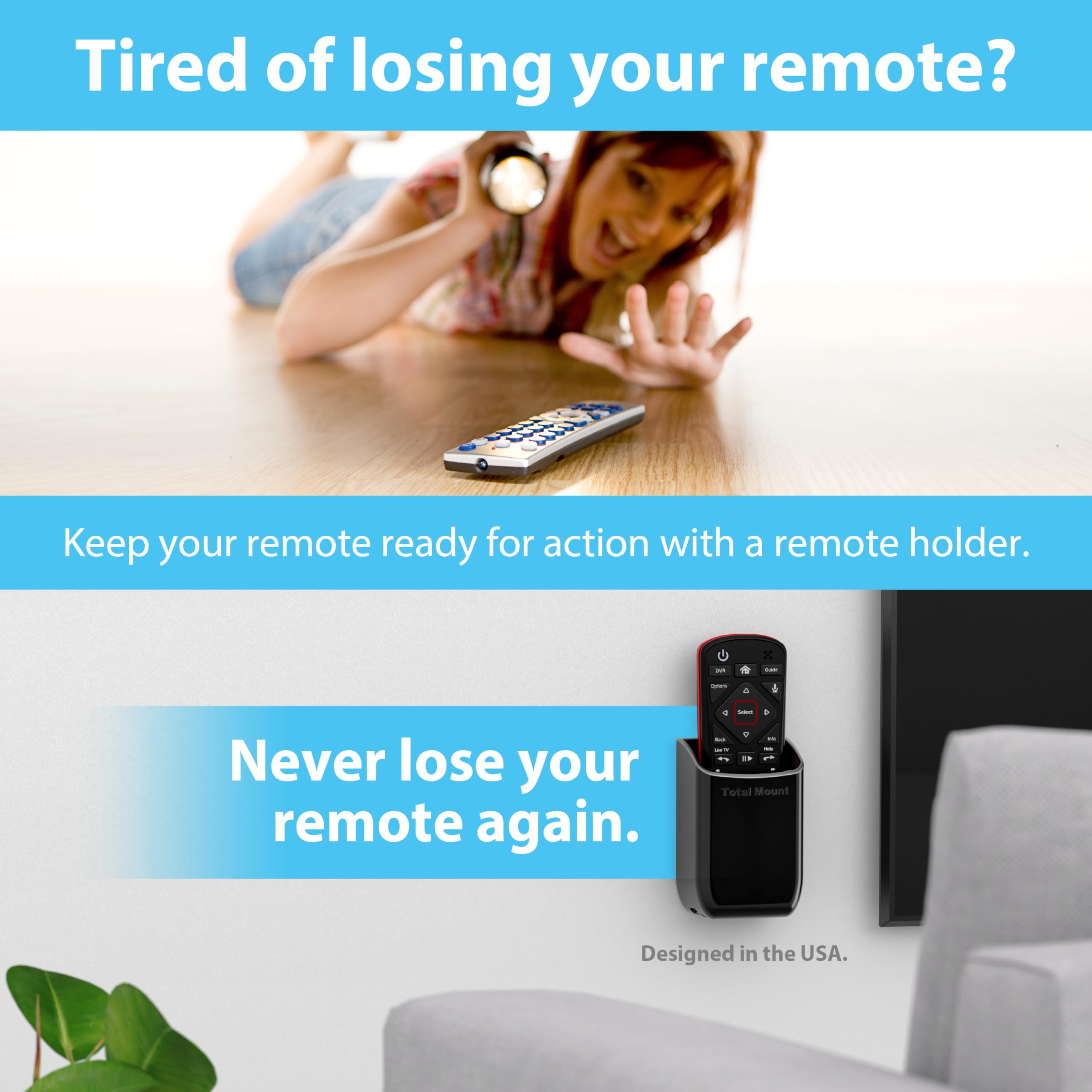 TotalMount Hole-Free Remote Control Holder – Eliminates Need to Drill Holes in Your Wall (Black, Quantity 1)