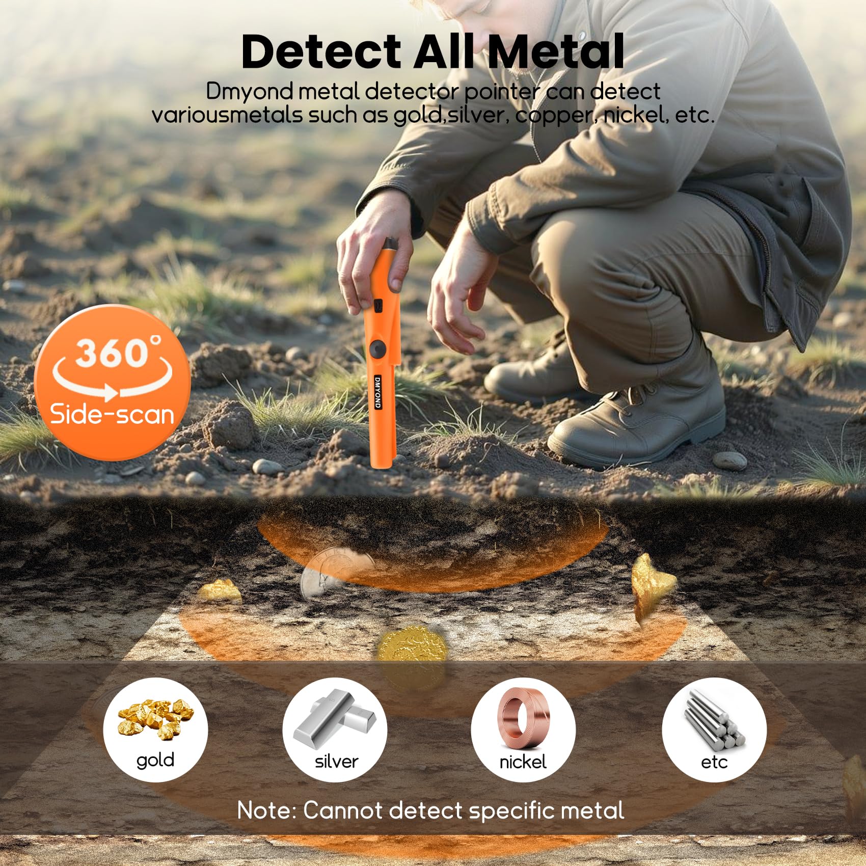 Dmyond Metal Detector Pinpointer, Professional Waterproof Handheld Pin Pointer Wand, Search Treasure Pinpointing Finder Probe with 9V Battery for Adults, Kids - Orange
