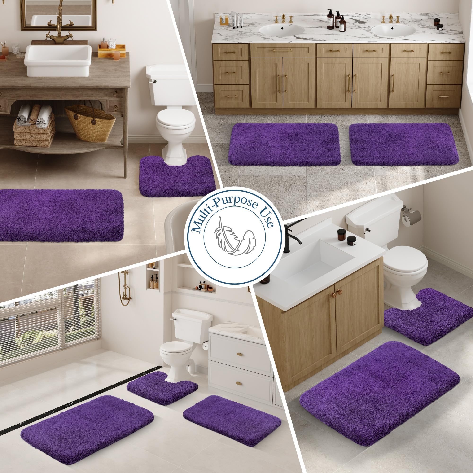 Walensee Non Slip Bath Mat for Bathroom (16 x 24, Dark Purple) Water Absorbent Soft Microfiber Shaggy, Machine Washable Thick Plush Bath Rugs for Shower