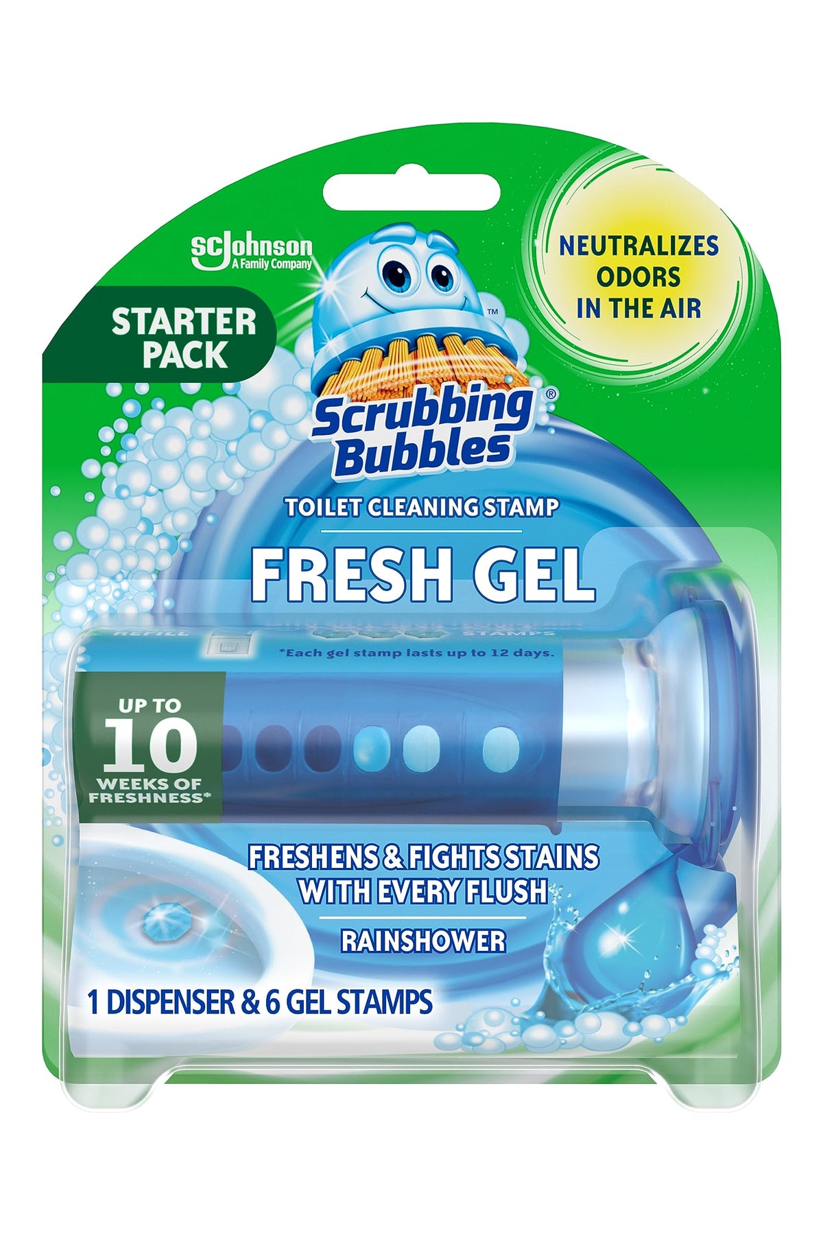 Scrubbing Bubbles Fresh Gel Toilettenreiniger-Stempel, hält die Toilette sauber und hilft, Kalkablagerungen und Ränder zu verhindern, Duftrichtung Rainshower, 1 Spender mit 6 Frische-Gel-Stempeln