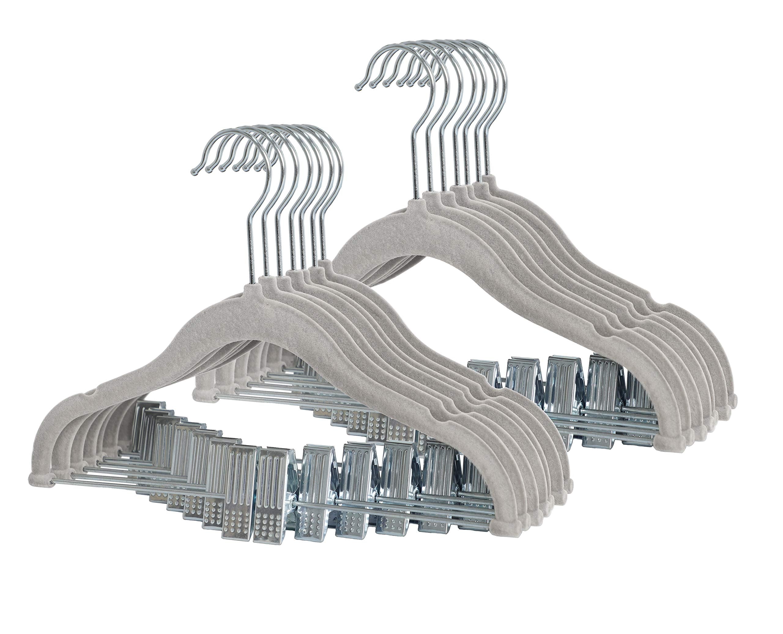 Finnhomy rutschfeste Kleiderbügel für Babys und Kinder, 20er-Pack Samtbügel mit beweglichen Clips, strapazierfähig und platzsparend für Hosen, Röcke, Mäntel, Grau