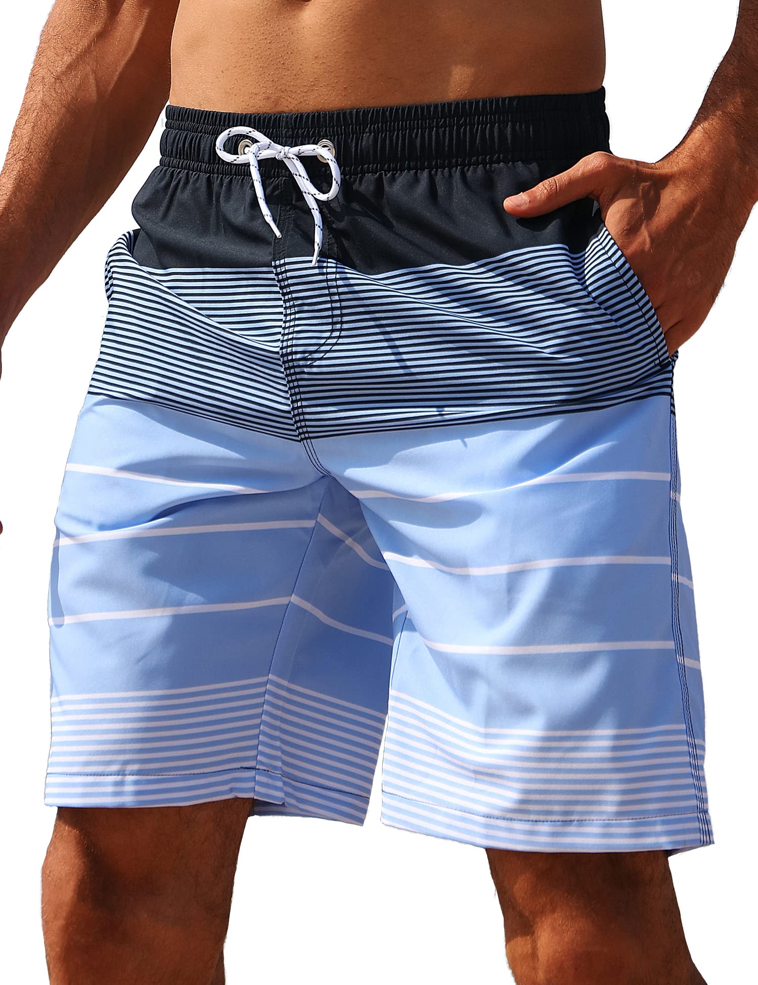 ELETOP Herren Badeshorts Schnelltrocknend Badehose Schwimm-Boardshorts Mesh-Futter Strand-Bademode Streifen Blau L