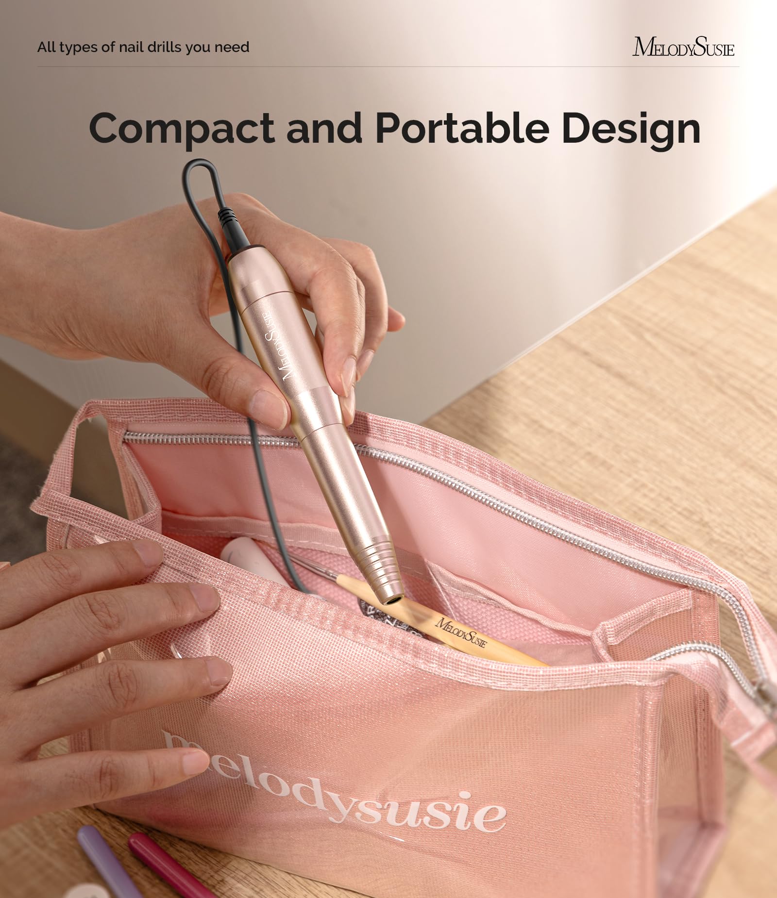 MelodySusie Electric USB Nail Drill Machine,PC120I Portable Electric Nail File Efile Set for Acrylic Gel Nails, Manicure Pedicure Tool with Nail Drill Bits Sanding Bands Gold