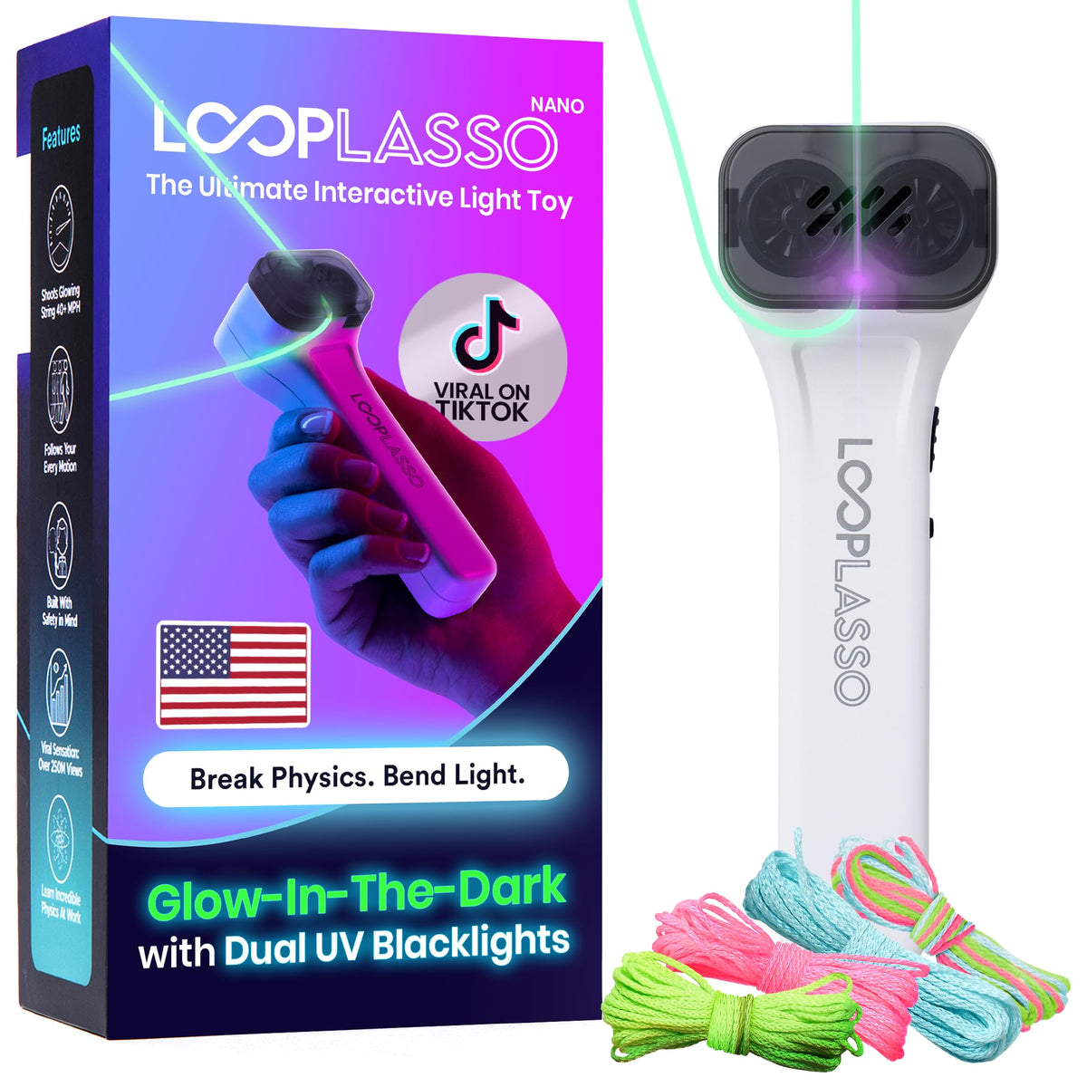 Loop Lasso NANO im Dunkeln leuchtende Rave-Spielzeuge mit integriertem UV-Schwarzlicht – Interaktiver Seilwerfer STEM-Spielzeug – Virales Flow- und Schnurschießer-Spielzeug für Kinder und Erwachsene