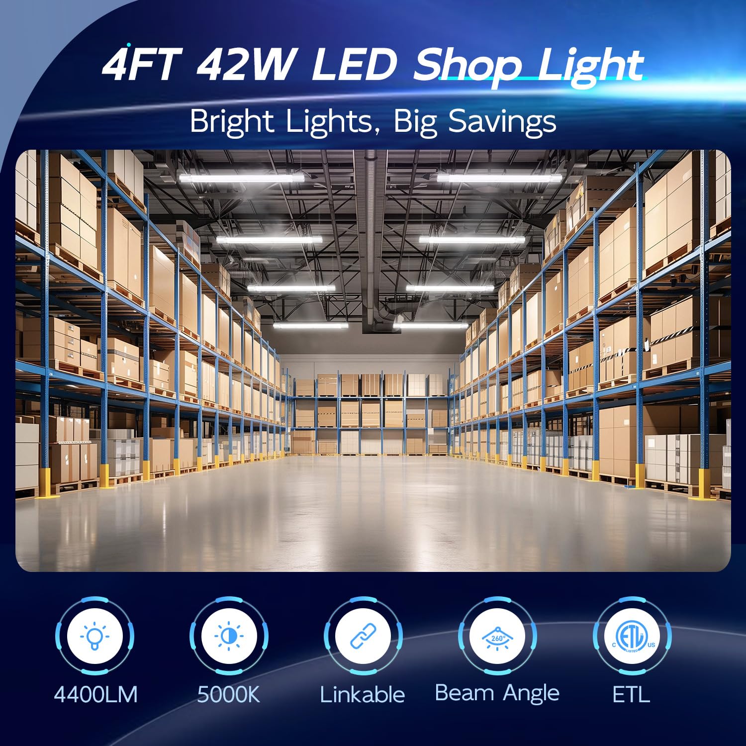 hykolity 4 Pack 4FT LED Shop Light Linkable, 4400lm, 42w(250w Equivalent), 5000K Utility Shop Lights, Hanging or Flush Mount, with Power Cord and On/Off Switch