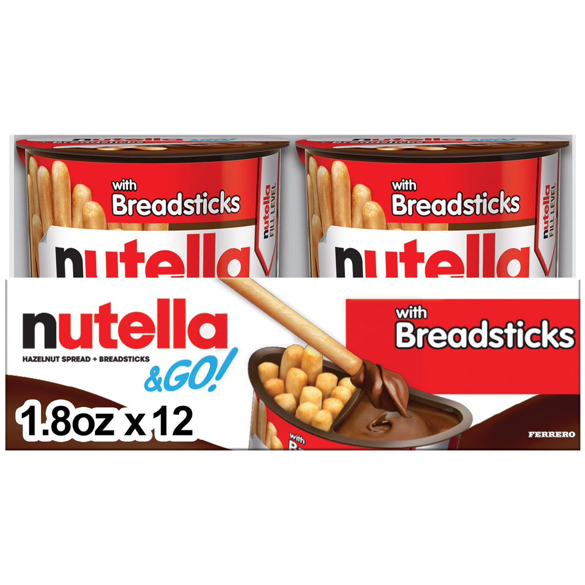 Nutella & GO! Großpackung mit 12 Stück, Haselnuss-Nougat-Creme mit Grissini, kleine Geschenke für den Nikolausstiefel, Snackbecher, je 51 g