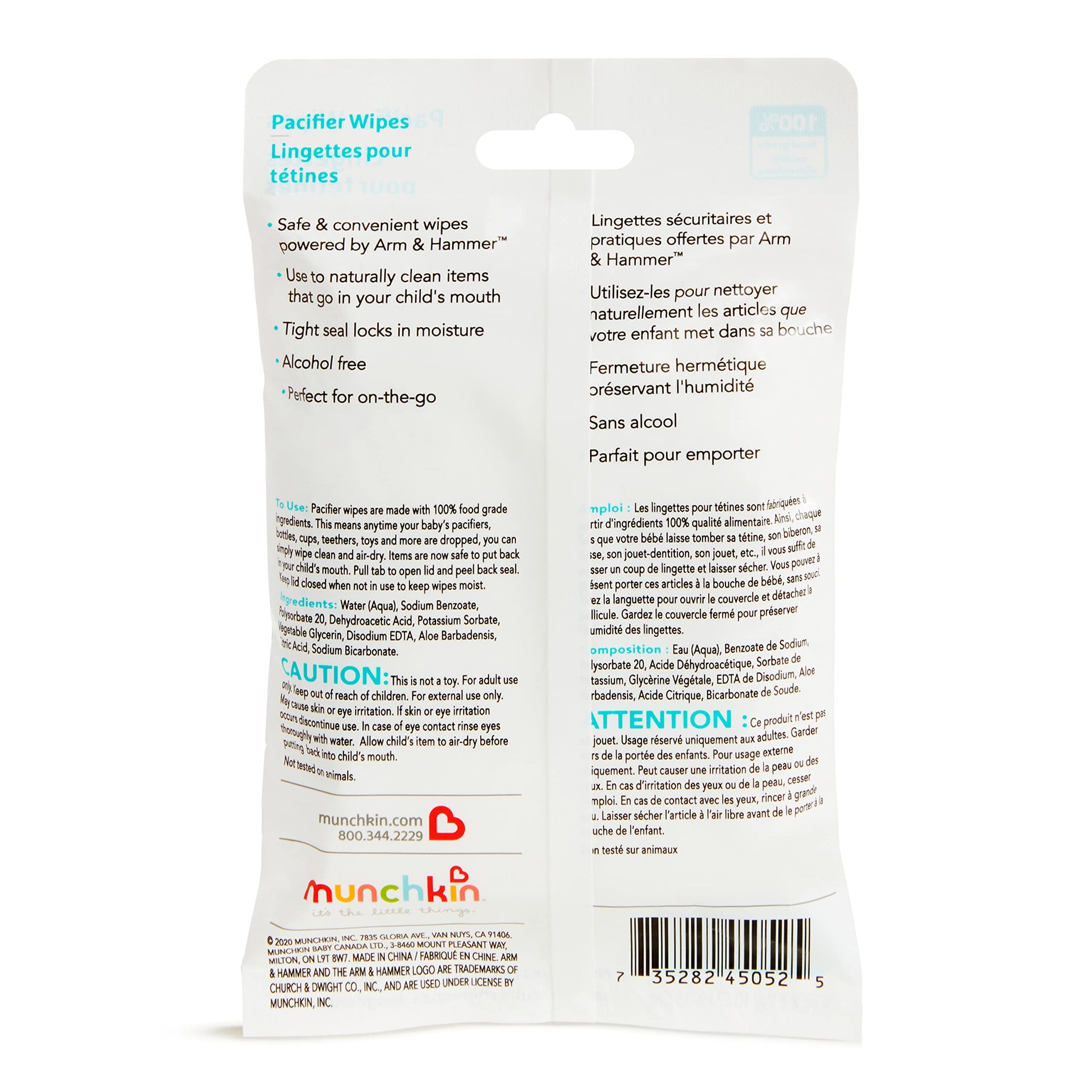 Munchkin Arm & Hammer Pacifier Wipes - Safely Cleans Breast Pump Parts and Feeding Essentials for Baby and Toddler, 1 Pack, 36 Wipes