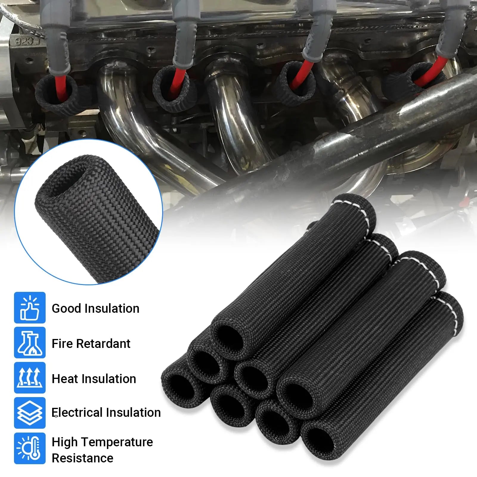 SHINEHOME Spark Plug Wire Heat Shield Sleeve 2500° Spark Plug Boot Protector Boots Wrap for SBC BBC 350 454 8PCS Plug Wire Covers