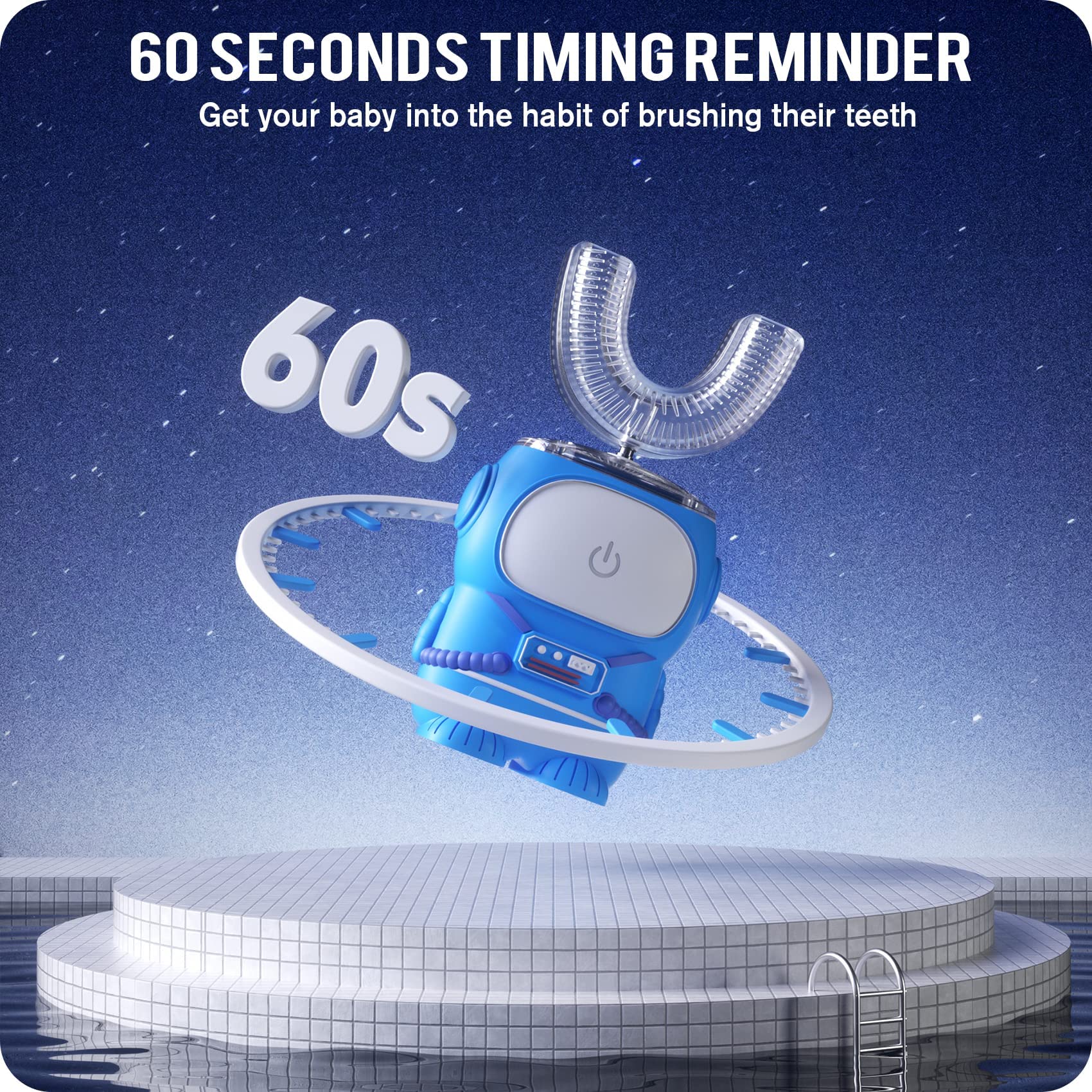 RexCodar Ultrasonic Kid's U-Shaped Electric Toothbrush, IPX7 Waterproof, Five Cleaning Modes, 60S Smart Reminder (Blue Ages 6-12)