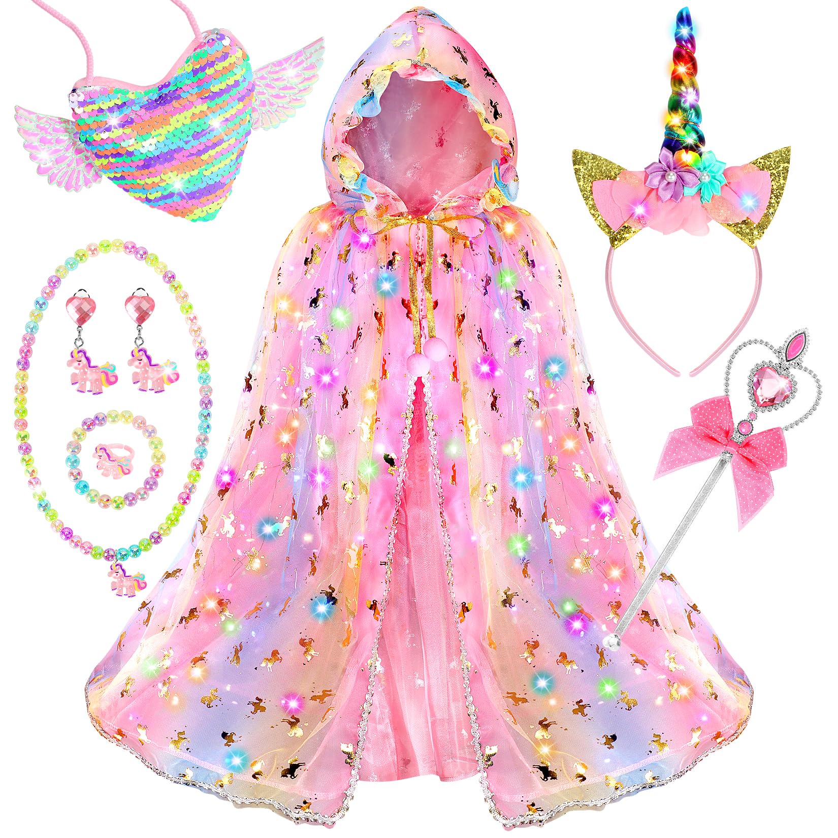 Fedio Prinzessinnen-Kleid für Mädchen, Einhorn-Leucht-Prinzessinnenumhang-Set, Leucht-Prinzessinnenkleid mit Einhorn-Spielzeug für Mädchen von 3-8 Jahren, Halloween