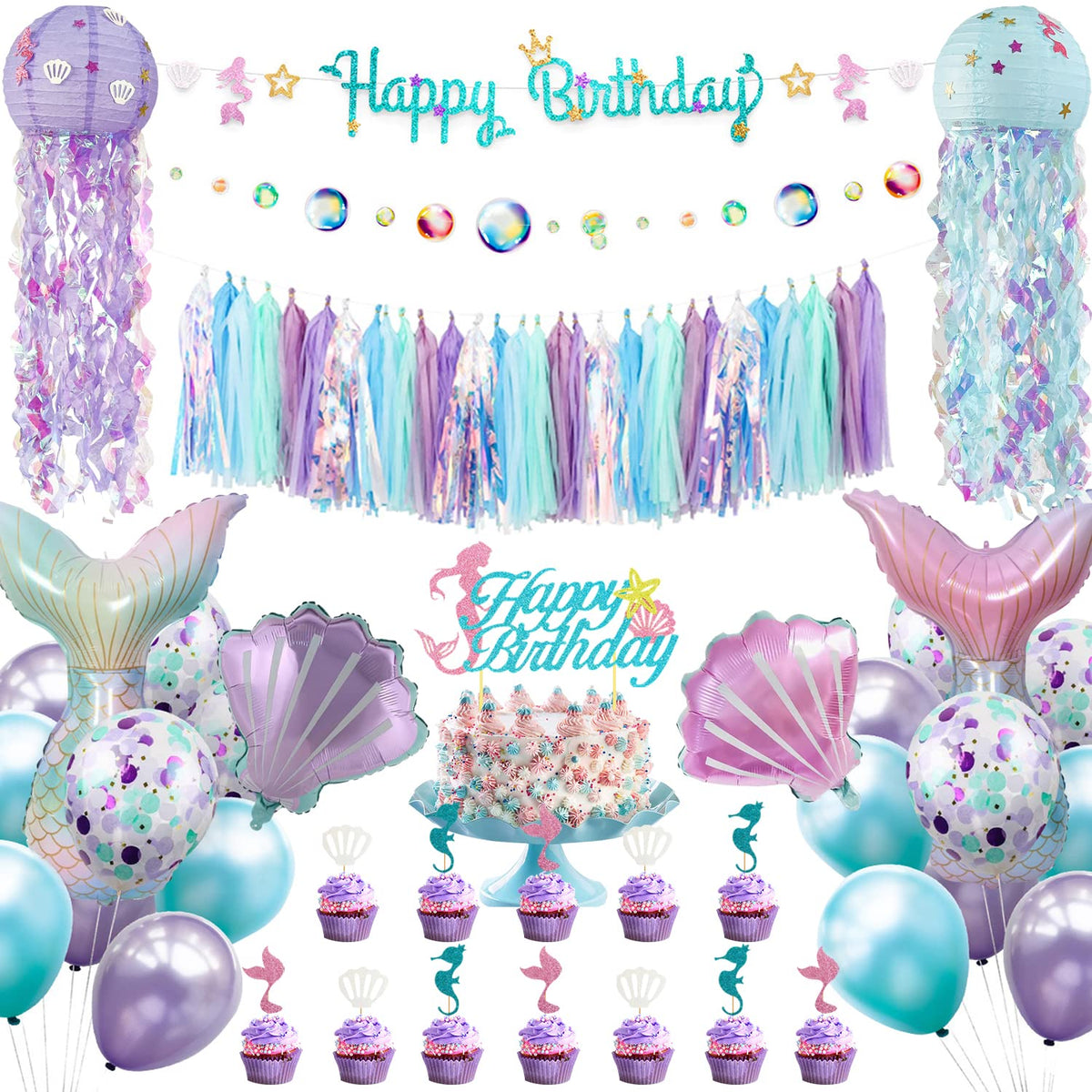 Meerjungfrau Geburtstagsparty Dekorationen Zubehör Banner Quastengirlande Blasen-Girlande Hängende Quallen Papierlaternen Ballons Tortenaufsatz Meerjungfrau Happy Birthday Dekorationen für Kinder Mädchen Frauen