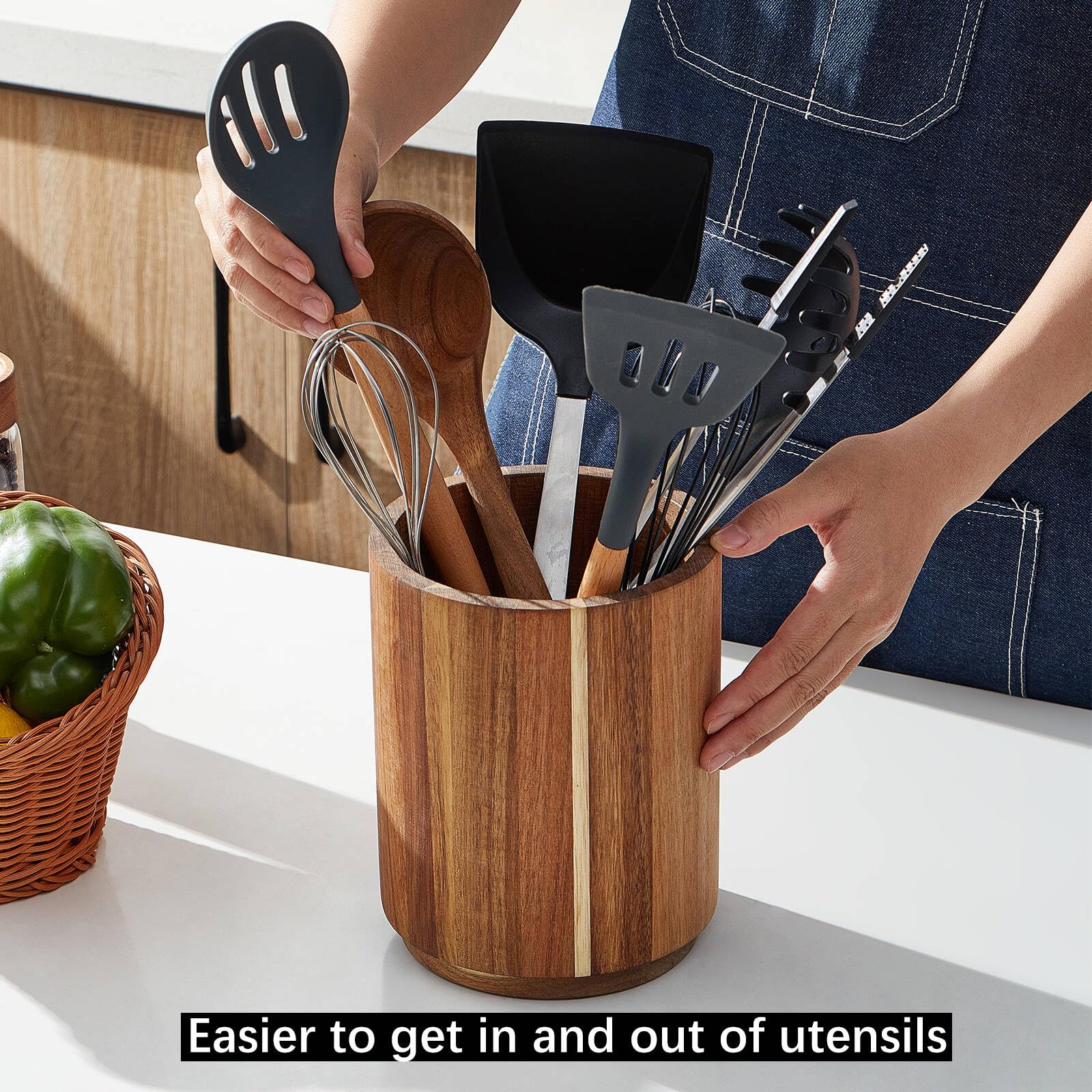 LOHONER Acacia Wood Utensil Holder for Kitchen Counter, 360° Rotating 7.2" Wooden Cooking Utensil Crock for Countertop, Farmhouse Kitchen Decor