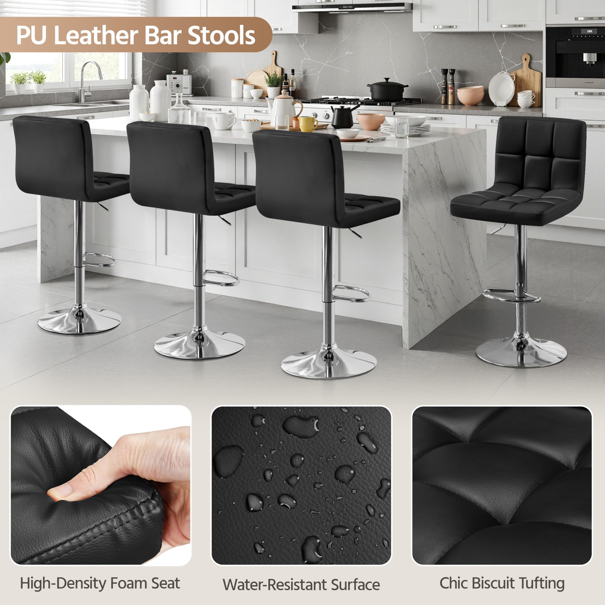 Yaheetech Bar Stools Set of 2, Adjustable PU Leather Swivel Barstools, Modern Counter Stools with Back and Footrest, Counter Height Barstools for Bar, Kitchen, Dining Room, Black