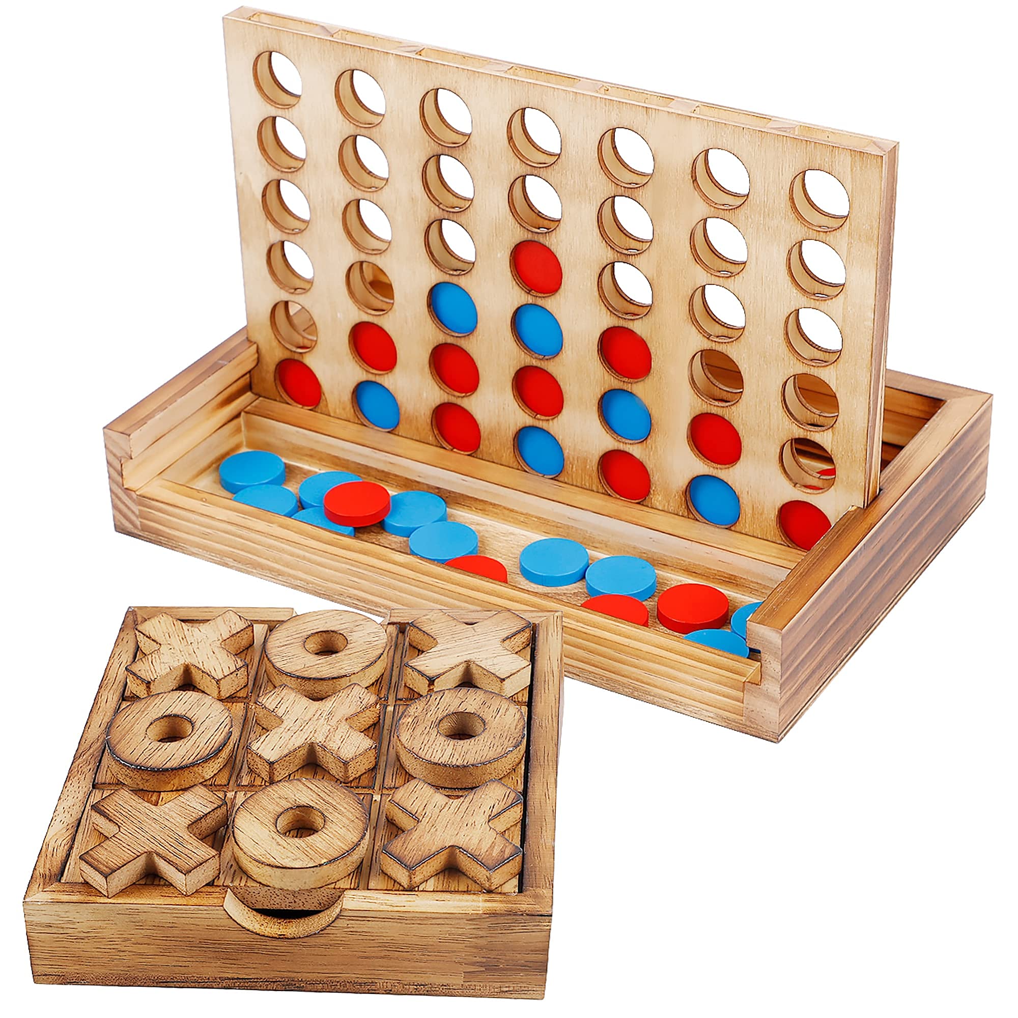 Glintoper Tic Tac Toe & 4 in einer Reihe Tischspiel-Set, klassisches Brettspiel für Wohnzimmer, rustikale Tischdekoration und als Spielplatte, Holz-Gästezimmer-Dekoration, Strategie-Brettspiele für Familien