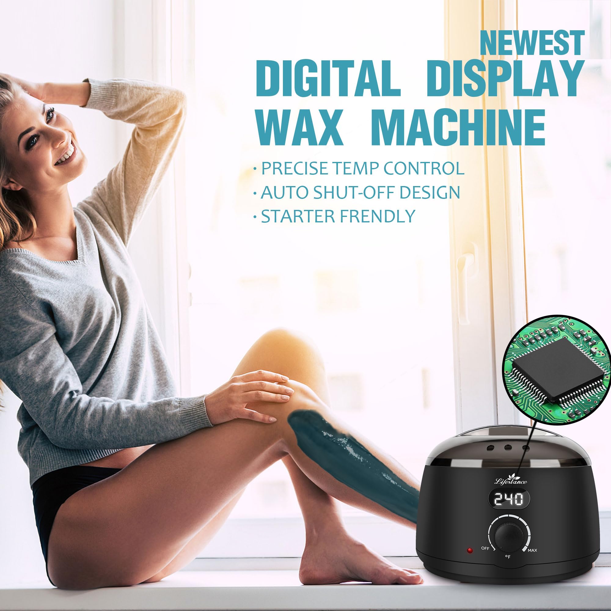 Lifestance Waxing Kit for Women & Men - L2 Digital Wax Pot Warmer, Brazilian & Bikini Hair Removal Kit with 14.1oz Hard Wax Beads & 42 Accessories, Professional for Face, Leg, Eyebrow, Body at Home